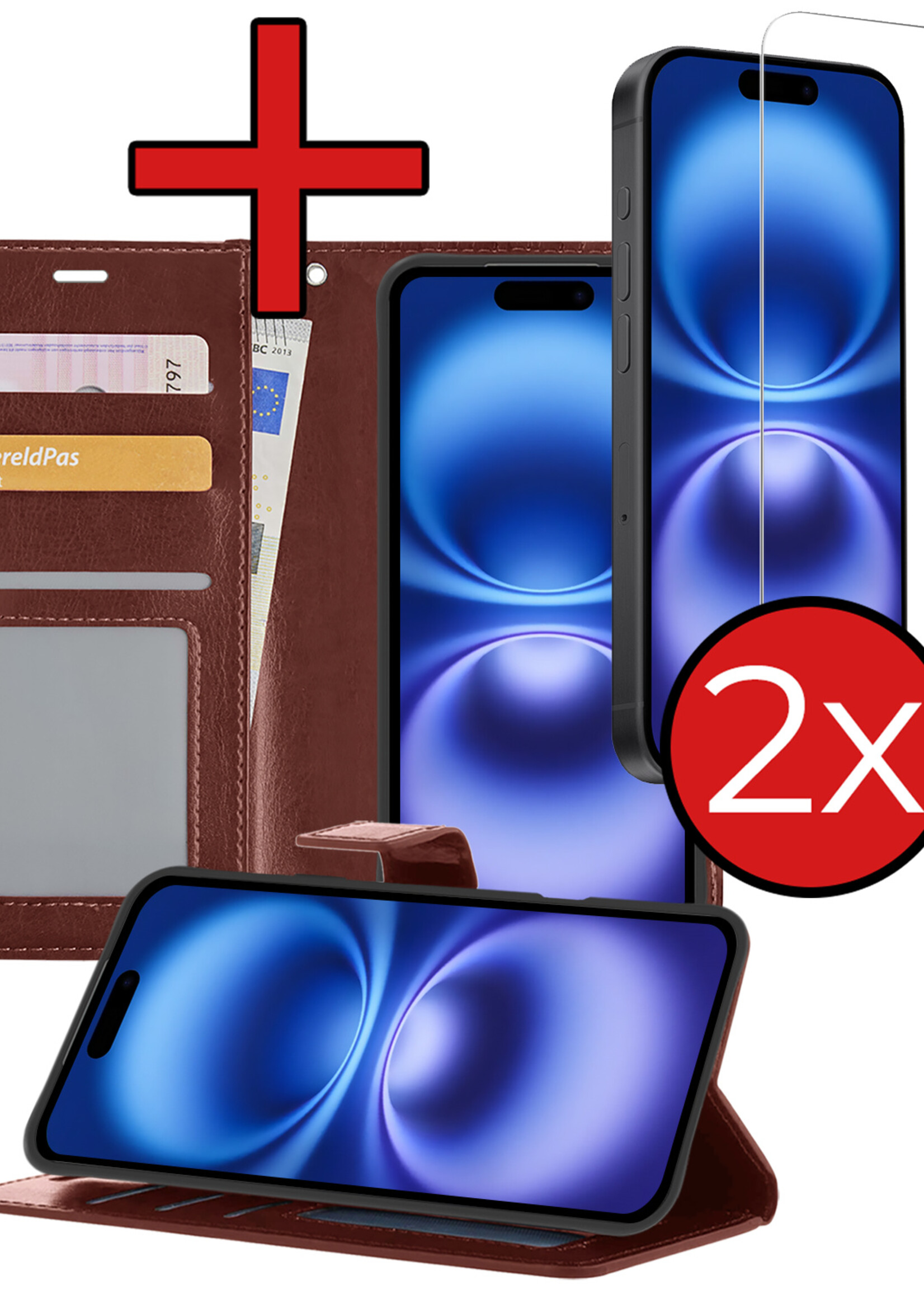 BTH Hoesje Geschikt voor iPhone 16 Hoesje Book Case Hoes Portemonnee Cover Walletcase Met 2x Screenprotector - Hoes Geschikt voor iPhone 16 Hoes Bookcase Hoesje - Bruin