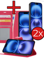 BTH BTH iPhone 16 Hoesje Bookcase Met 2x Screenprotector - Donkerroze