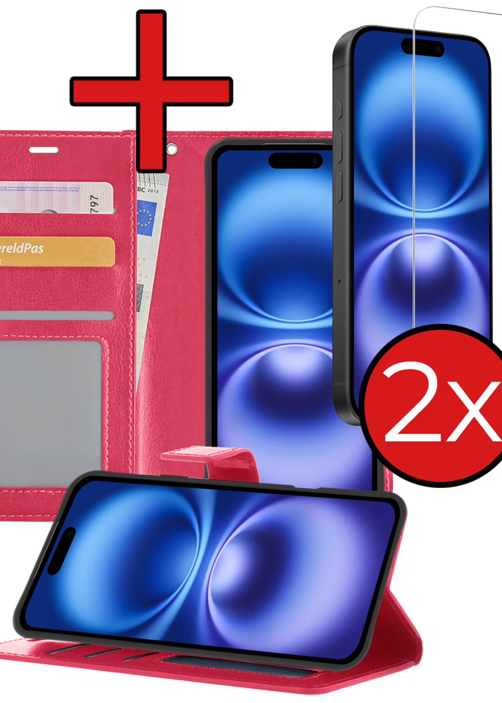 BTH Hoesje Geschikt voor iPhone 16 Hoesje Book Case Hoes Portemonnee Cover Walletcase Met 2x Screenprotector - Hoes Geschikt voor iPhone 16 Hoes Bookcase Hoesje - Donkerroze