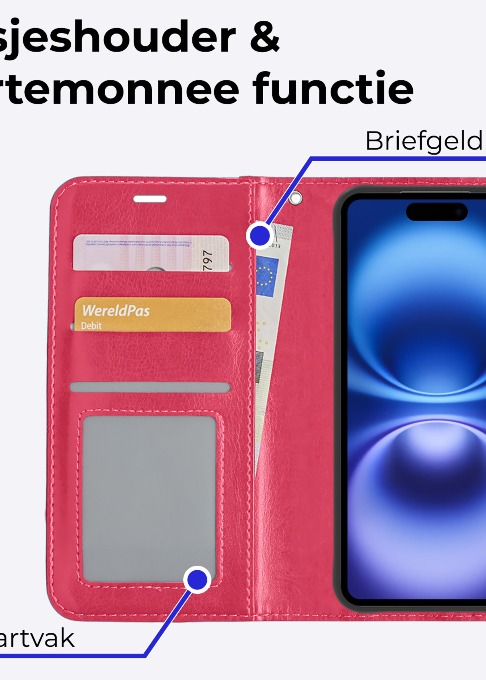 BTH Hoesje Geschikt voor iPhone 16 Hoesje Book Case Hoes Portemonnee Cover Walletcase Met 2x Screenprotector - Hoes Geschikt voor iPhone 16 Hoes Bookcase Hoesje - Donkerroze