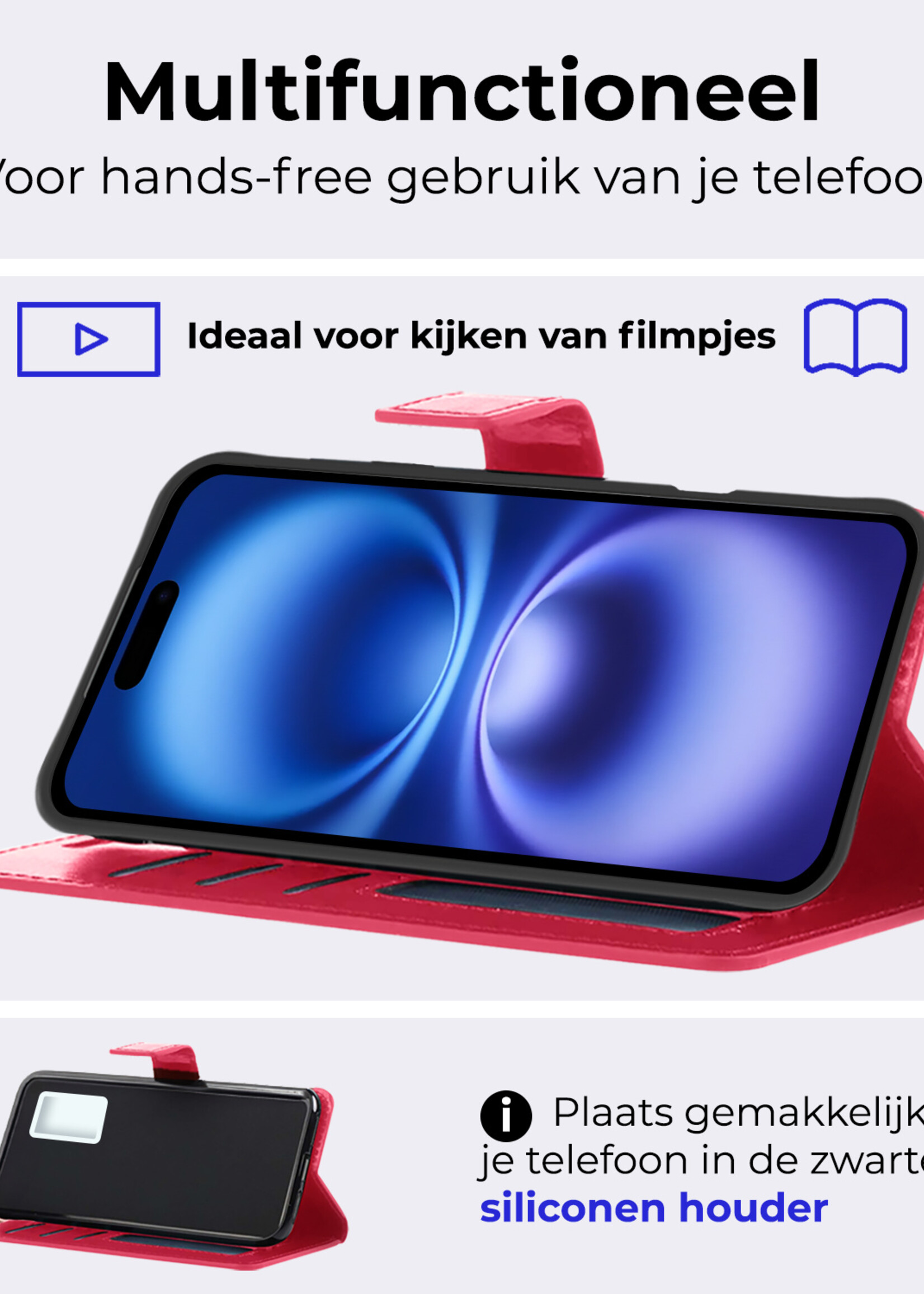 BTH Hoesje Geschikt voor iPhone 16 Hoesje Book Case Hoes Portemonnee Cover Walletcase Met 2x Screenprotector - Hoes Geschikt voor iPhone 16 Hoes Bookcase Hoesje - Donkerroze