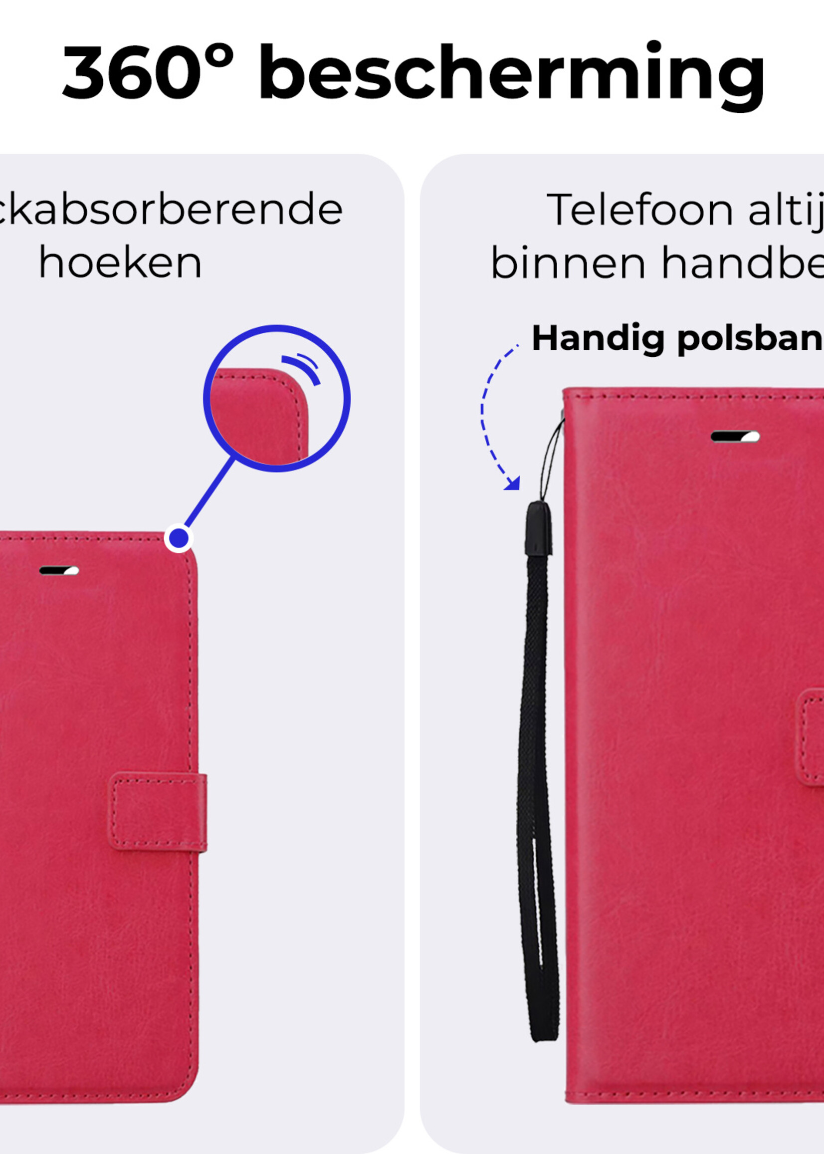 BTH Hoesje Geschikt voor iPhone 16 Hoesje Book Case Hoes Portemonnee Cover Walletcase Met 2x Screenprotector - Hoes Geschikt voor iPhone 16 Hoes Bookcase Hoesje - Donkerroze