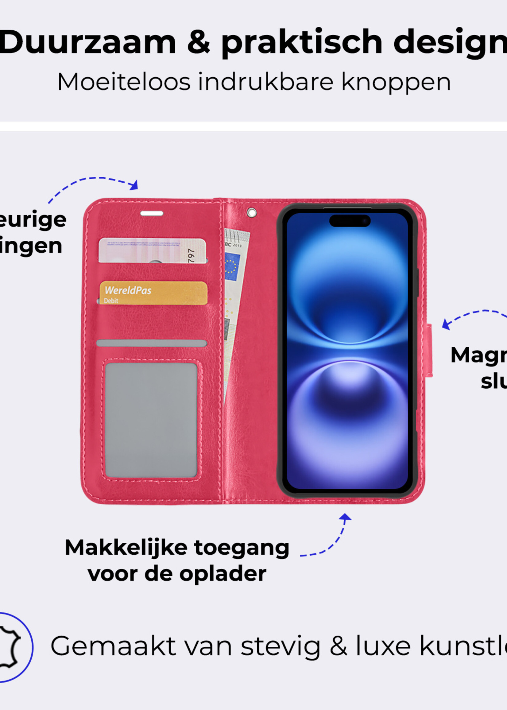 BTH Hoesje Geschikt voor iPhone 16 Hoesje Book Case Hoes Portemonnee Cover Walletcase Met 2x Screenprotector - Hoes Geschikt voor iPhone 16 Hoes Bookcase Hoesje - Donkerroze