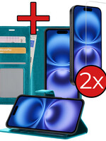 BTH BTH iPhone 16 Hoesje Bookcase Met 2x Screenprotector - Turquoise