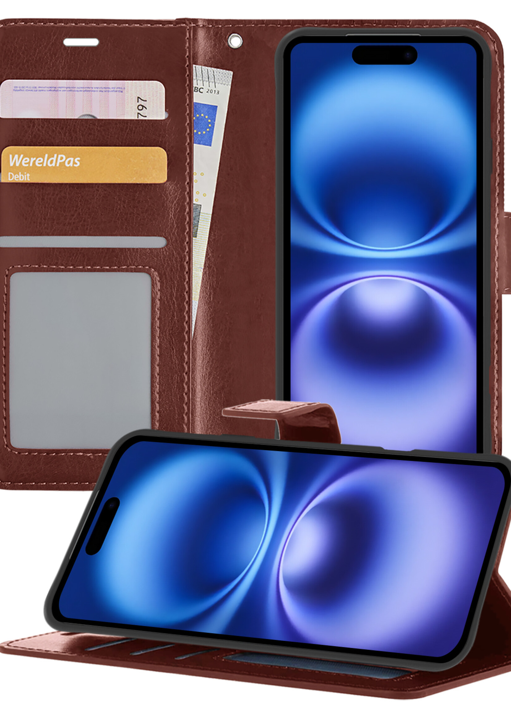 BTH Hoesje Geschikt voor iPhone 16 Plus Hoesje Book Case Hoes Portemonnee Cover Walletcase - Hoes Geschikt voor iPhone 16 Plus Hoes Bookcase Hoesje - Bruin