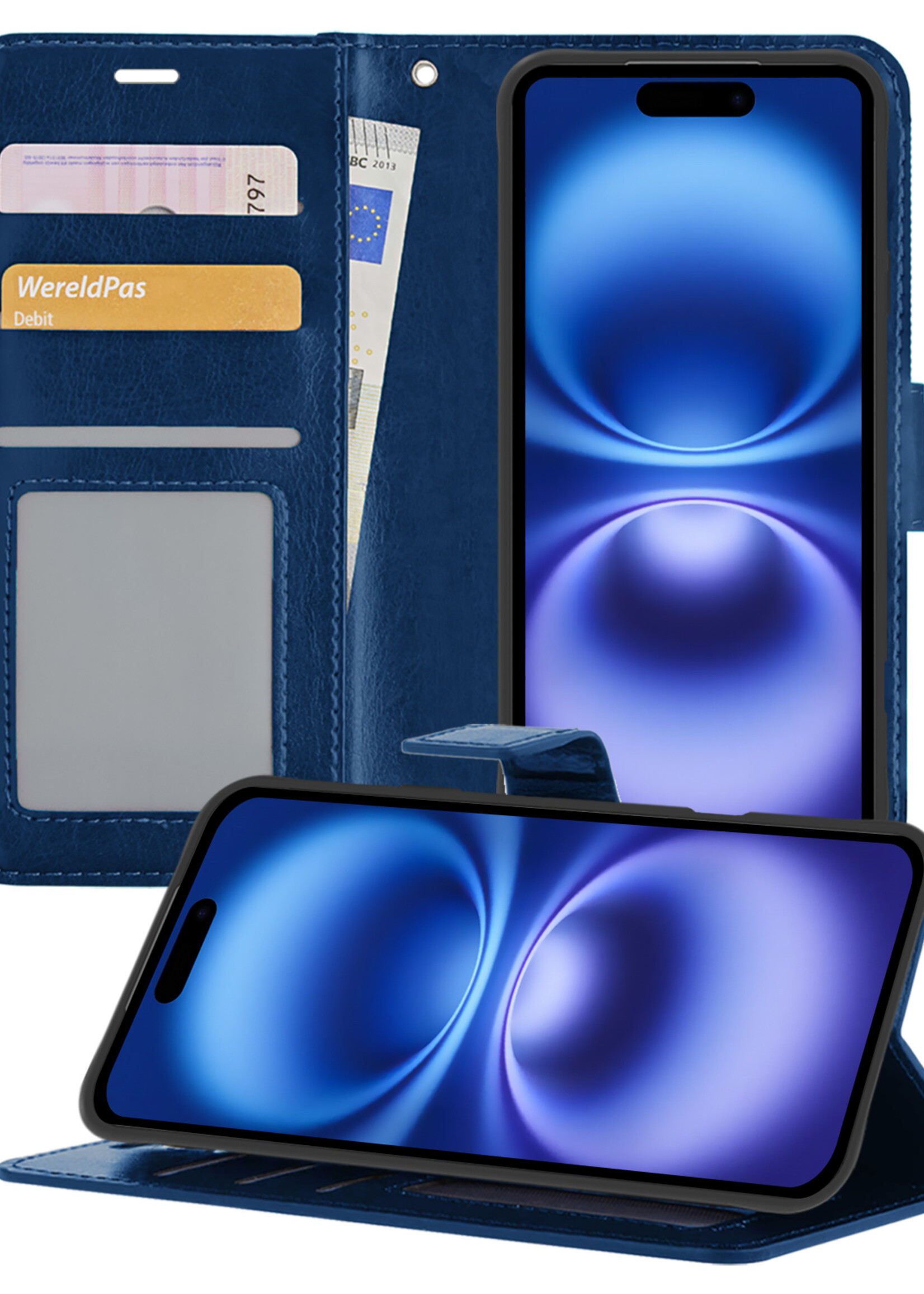 BTH Hoesje Geschikt voor iPhone 16 Plus Hoesje Book Case Hoes Portemonnee Cover Walletcase - Hoes Geschikt voor iPhone 16 Plus Hoes Bookcase Hoesje - Donkerblauw