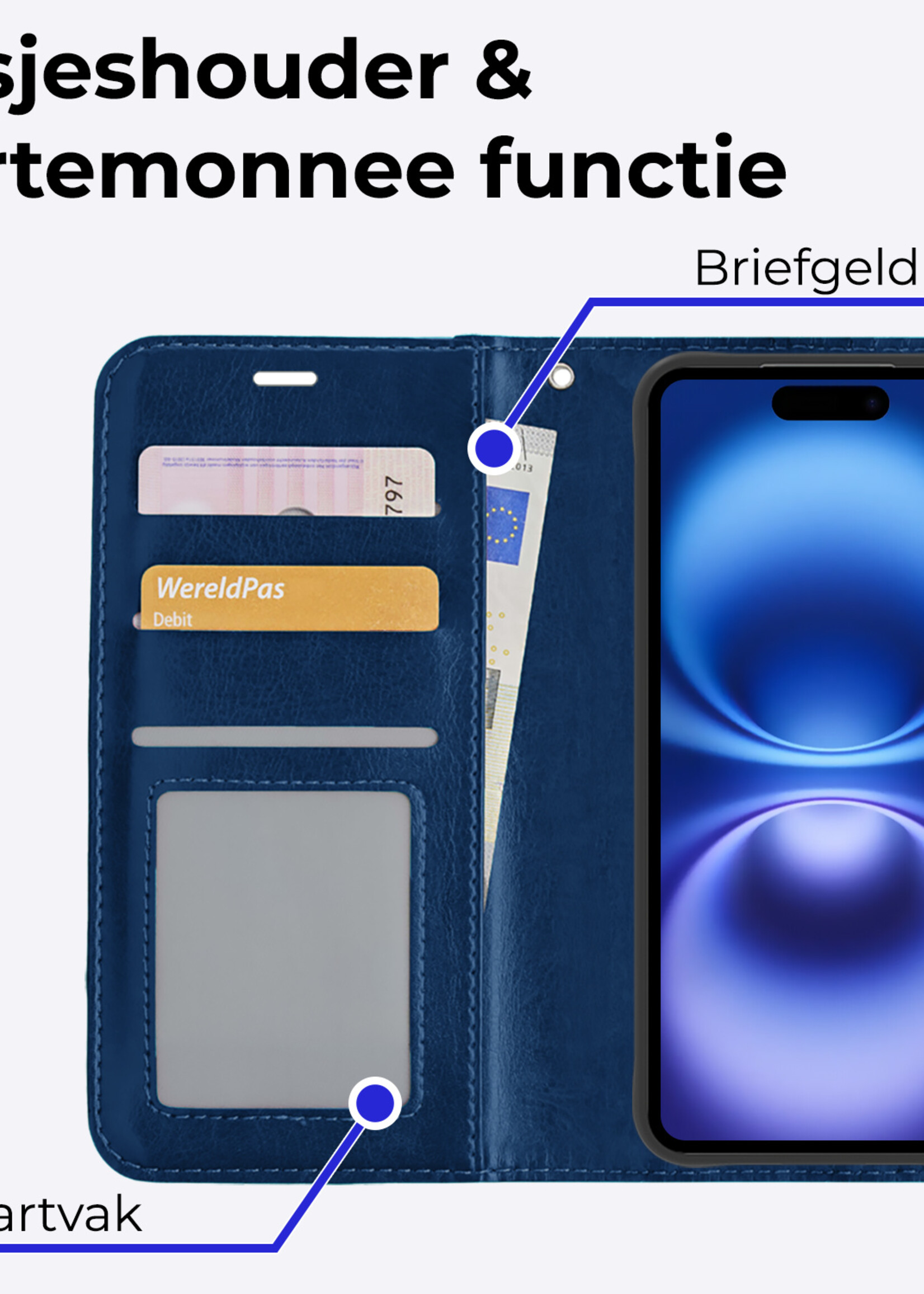 BTH Hoesje Geschikt voor iPhone 16 Plus Hoesje Book Case Hoes Portemonnee Cover Walletcase - Hoes Geschikt voor iPhone 16 Plus Hoes Bookcase Hoesje - Donkerblauw