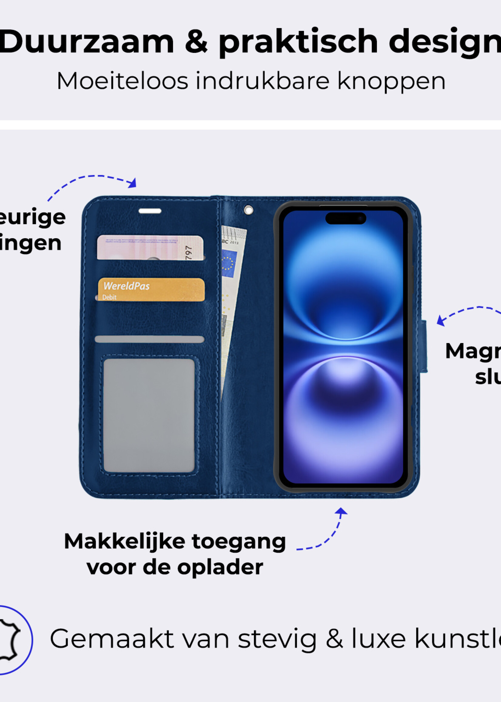 BTH Hoesje Geschikt voor iPhone 16 Plus Hoesje Book Case Hoes Portemonnee Cover Walletcase - Hoes Geschikt voor iPhone 16 Plus Hoes Bookcase Hoesje - Donkerblauw