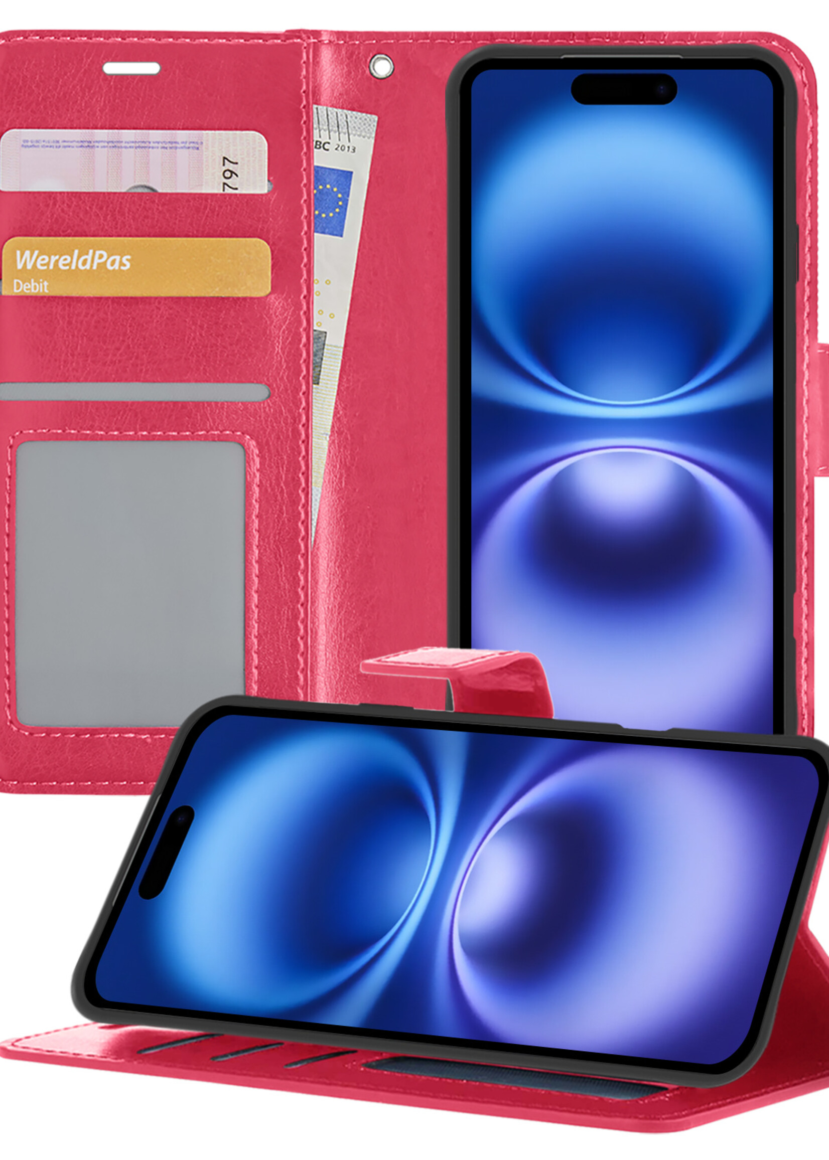 BTH Hoesje Geschikt voor iPhone 16 Plus Hoesje Book Case Hoes Portemonnee Cover Walletcase - Hoes Geschikt voor iPhone 16 Plus Hoes Bookcase Hoesje - Donkerroze