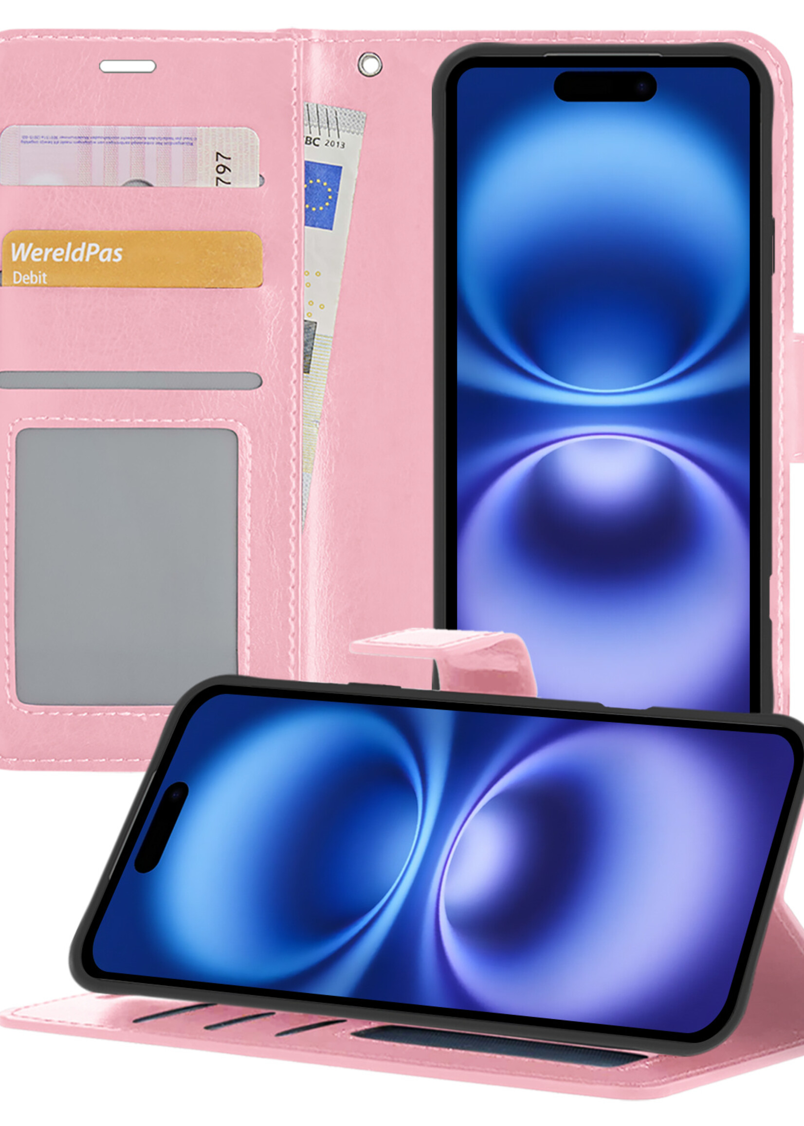 BTH Hoesje Geschikt voor iPhone 16 Plus Hoesje Book Case Hoes Portemonnee Cover Walletcase - Hoes Geschikt voor iPhone 16 Plus Hoes Bookcase Hoesje - Lichtroze