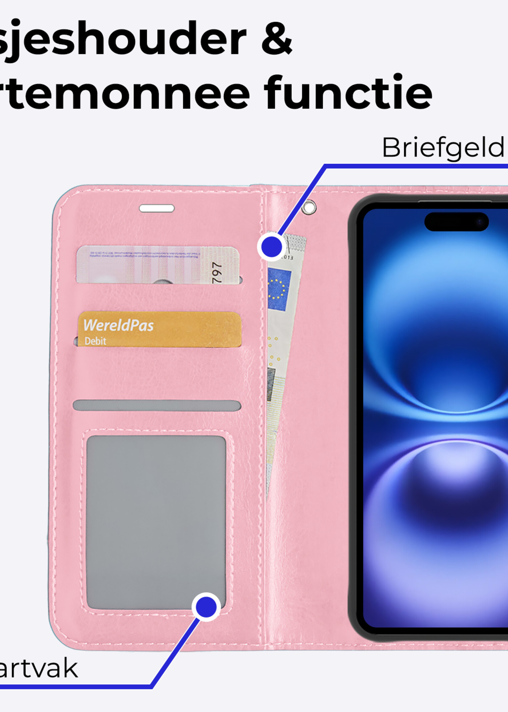 BTH Hoesje Geschikt voor iPhone 16 Plus Hoesje Book Case Hoes Portemonnee Cover Walletcase - Hoes Geschikt voor iPhone 16 Plus Hoes Bookcase Hoesje - Lichtroze