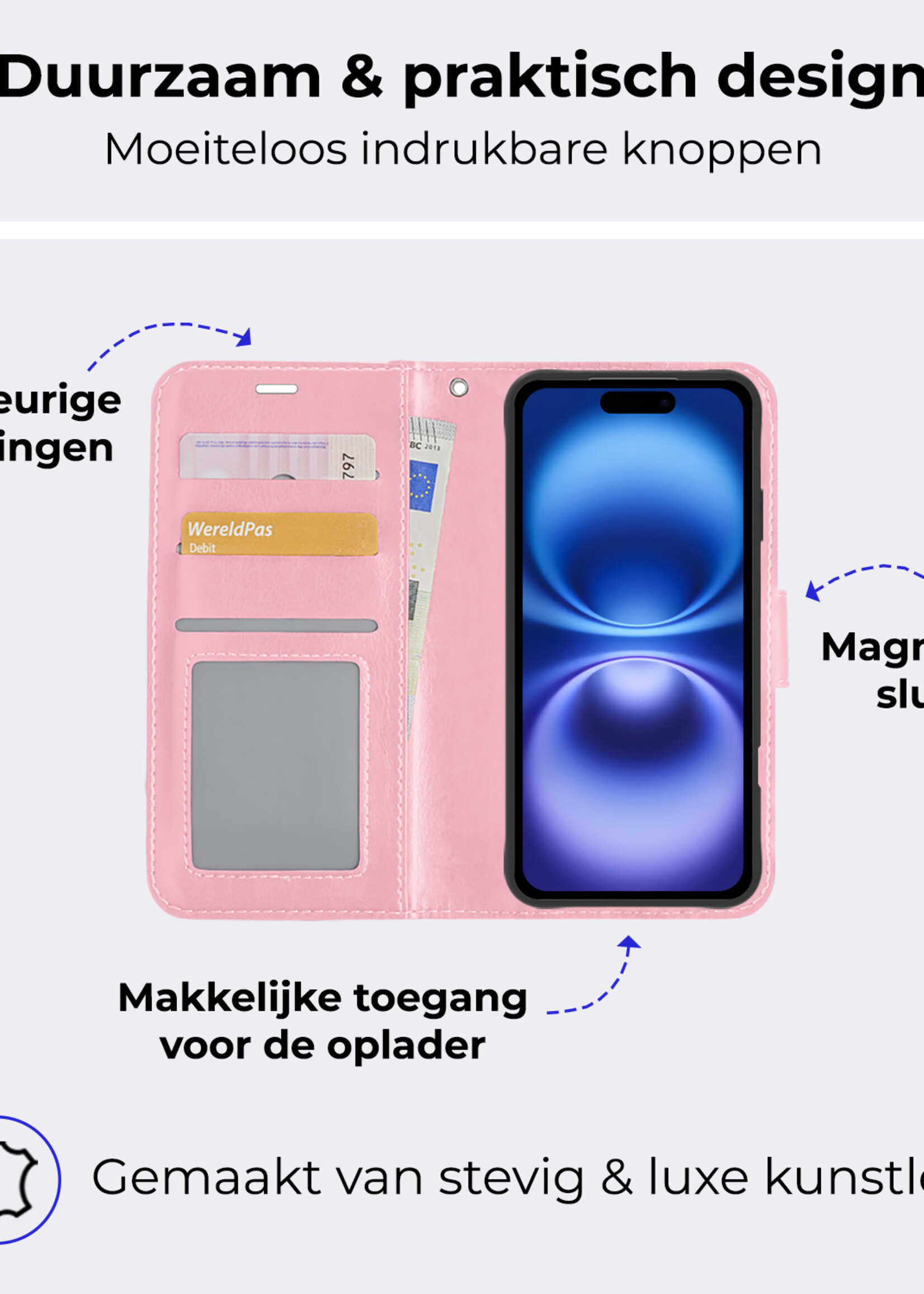 BTH Hoesje Geschikt voor iPhone 16 Plus Hoesje Book Case Hoes Portemonnee Cover Walletcase - Hoes Geschikt voor iPhone 16 Plus Hoes Bookcase Hoesje - Lichtroze