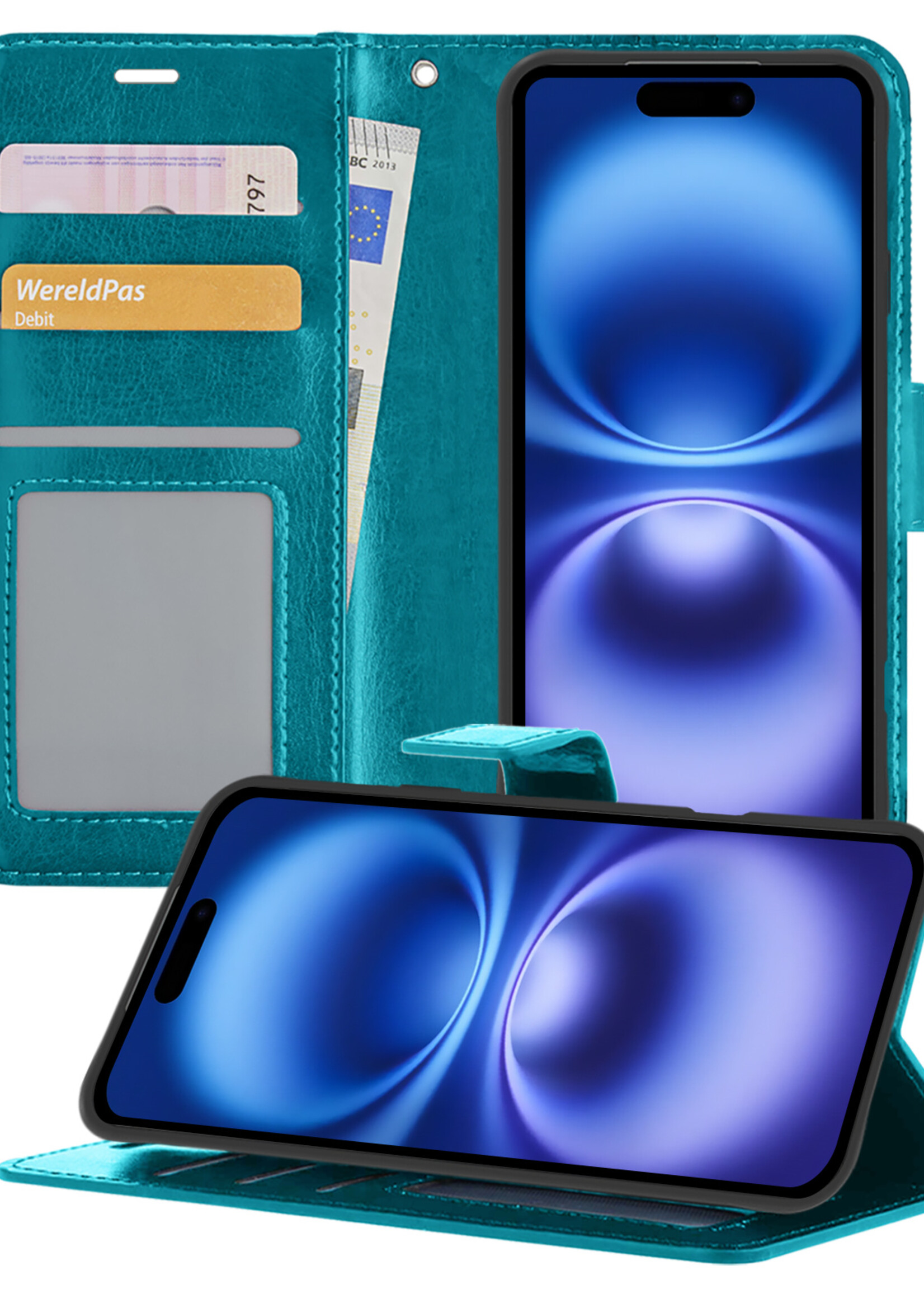 BTH Hoesje Geschikt voor iPhone 16 Plus Hoesje Book Case Hoes Portemonnee Cover Walletcase - Hoes Geschikt voor iPhone 16 Plus Hoes Bookcase Hoesje - Turquoise