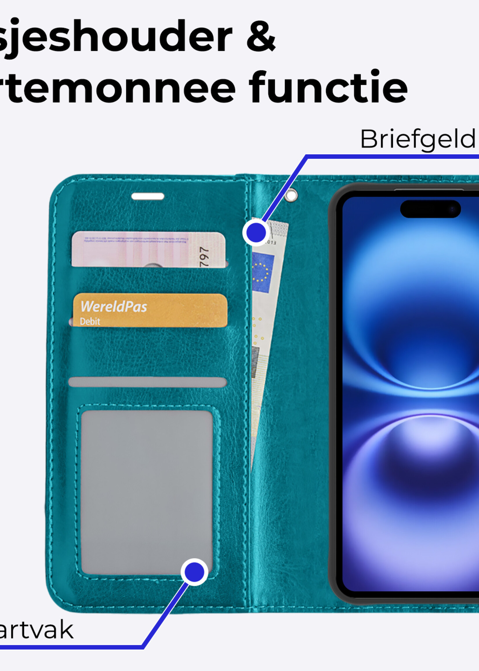 BTH Hoesje Geschikt voor iPhone 16 Plus Hoesje Book Case Hoes Portemonnee Cover Walletcase - Hoes Geschikt voor iPhone 16 Plus Hoes Bookcase Hoesje - Turquoise