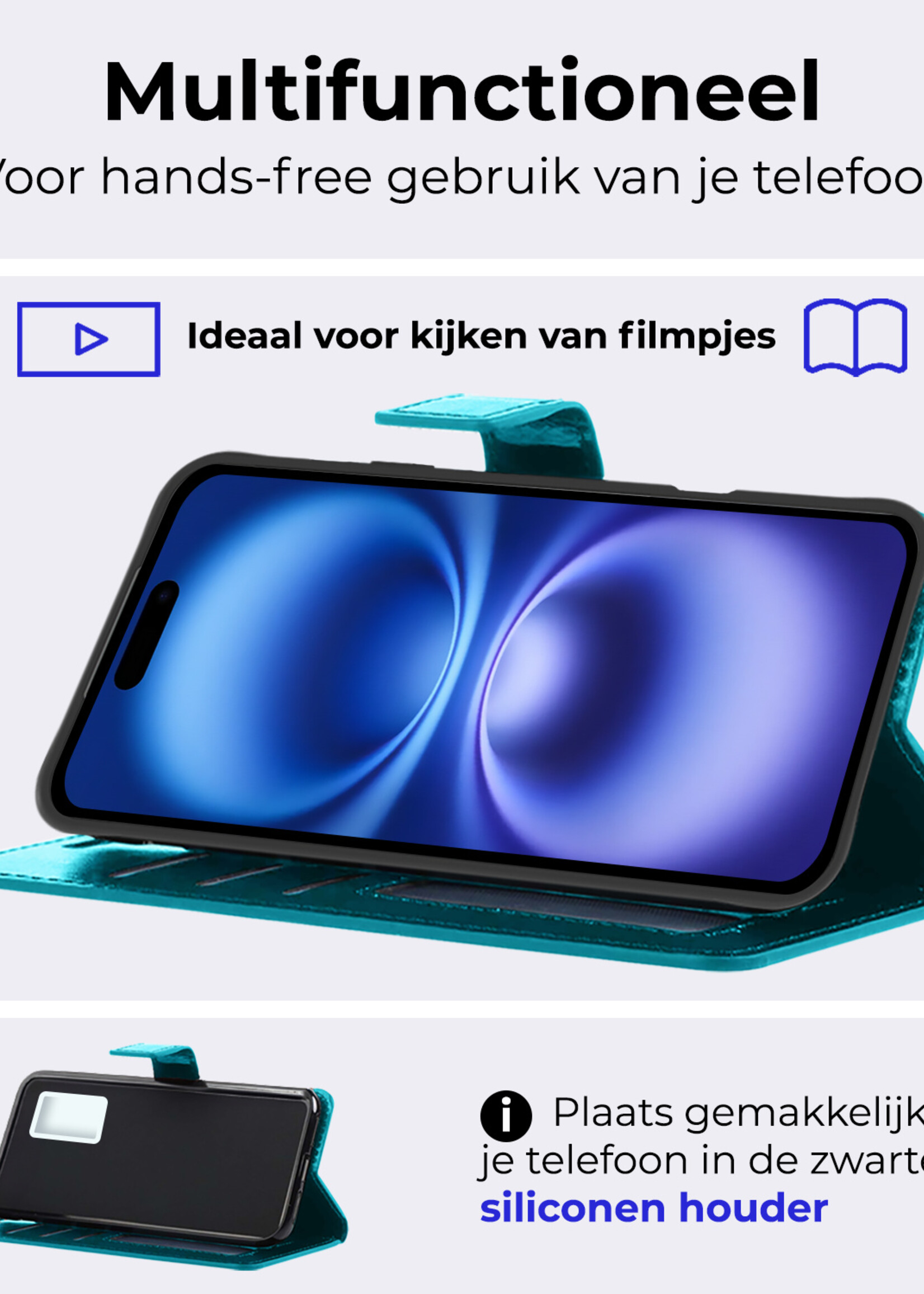 BTH Hoesje Geschikt voor iPhone 16 Plus Hoesje Book Case Hoes Portemonnee Cover Walletcase - Hoes Geschikt voor iPhone 16 Plus Hoes Bookcase Hoesje - Turquoise