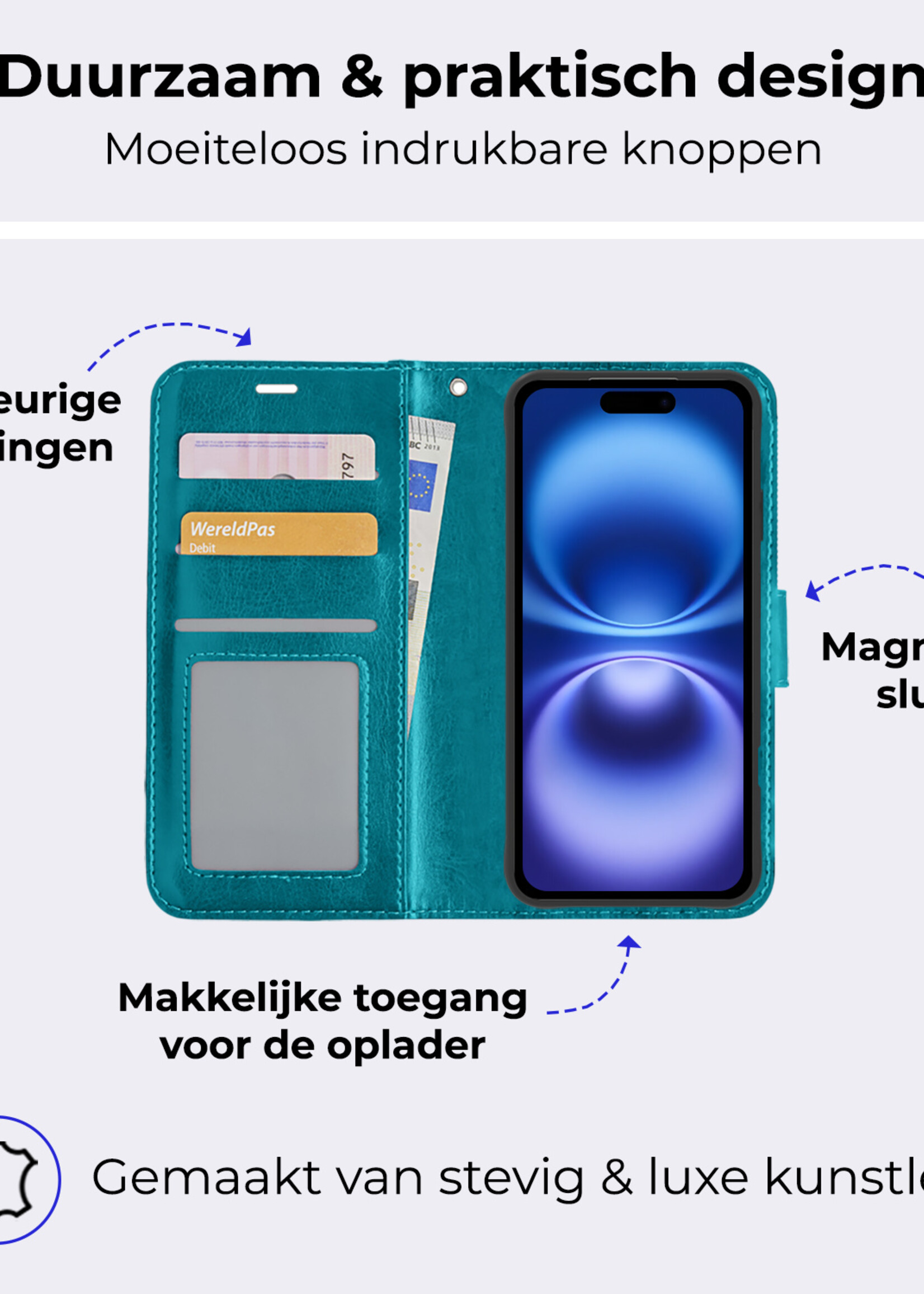 BTH Hoesje Geschikt voor iPhone 16 Plus Hoesje Book Case Hoes Portemonnee Cover Walletcase - Hoes Geschikt voor iPhone 16 Plus Hoes Bookcase Hoesje - Turquoise