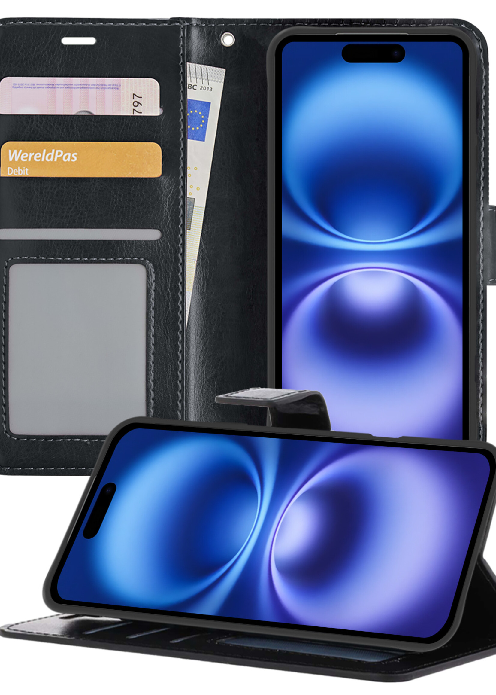 BTH Hoesje Geschikt voor iPhone 16 Plus Hoesje Book Case Hoes Portemonnee Cover Walletcase - Hoes Geschikt voor iPhone 16 Plus Hoes Bookcase Hoesje - Zwart