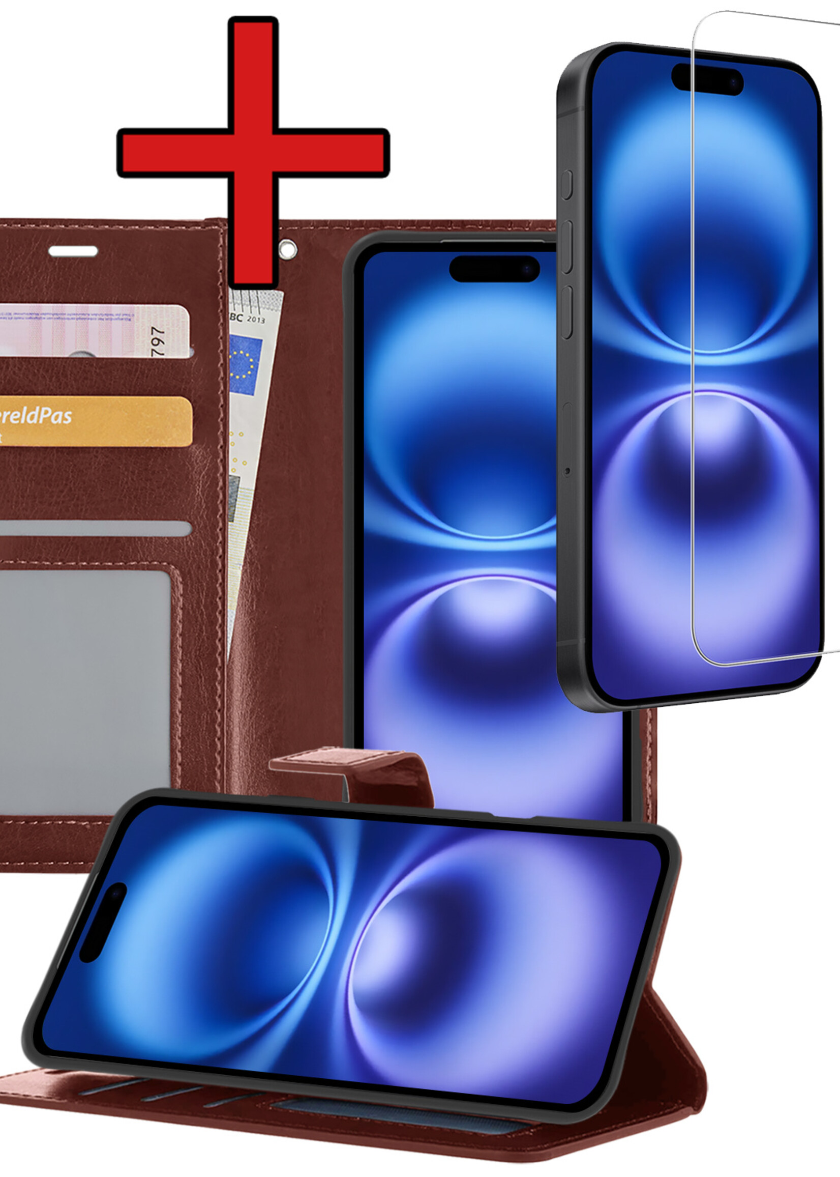 BTH Hoesje Geschikt voor iPhone 16 Plus Hoesje Book Case Hoes Portemonnee Cover Walletcase Met Screenprotector - Hoes Geschikt voor iPhone 16 Plus Hoes Bookcase Hoesje - Bruin