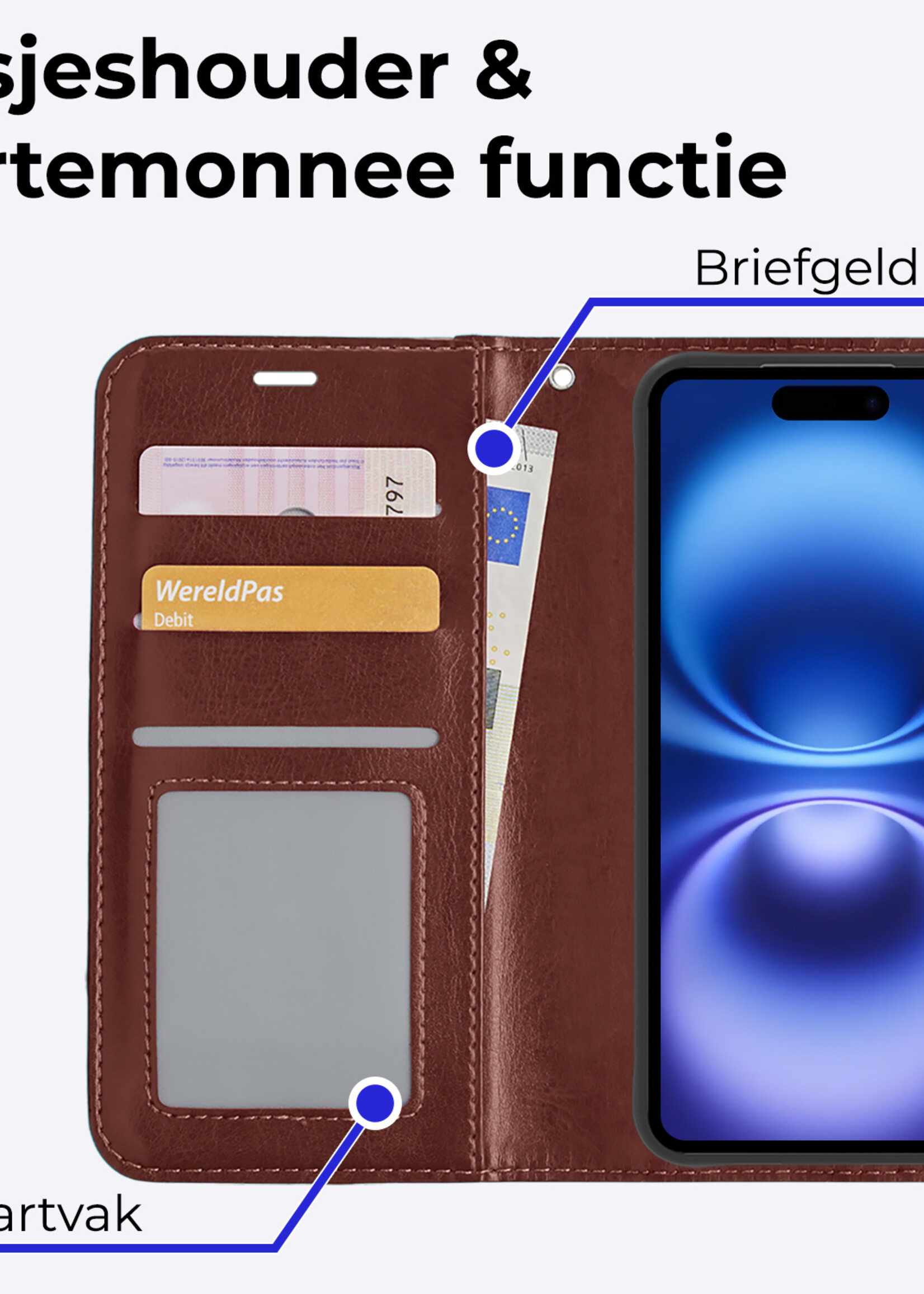 BTH Hoesje Geschikt voor iPhone 16 Plus Hoesje Book Case Hoes Portemonnee Cover Walletcase Met Screenprotector - Hoes Geschikt voor iPhone 16 Plus Hoes Bookcase Hoesje - Bruin