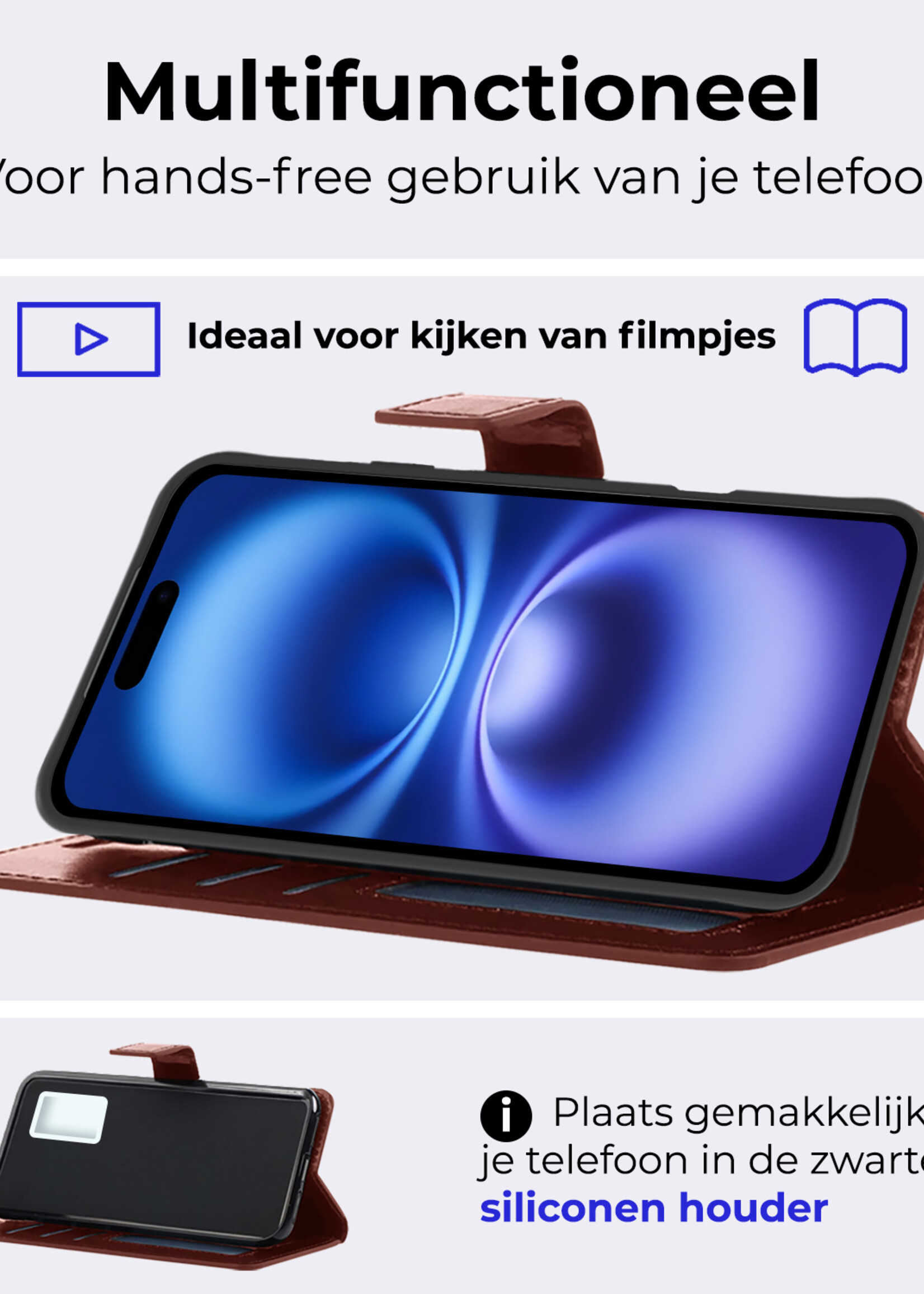 BTH Hoesje Geschikt voor iPhone 16 Plus Hoesje Book Case Hoes Portemonnee Cover Walletcase Met Screenprotector - Hoes Geschikt voor iPhone 16 Plus Hoes Bookcase Hoesje - Bruin
