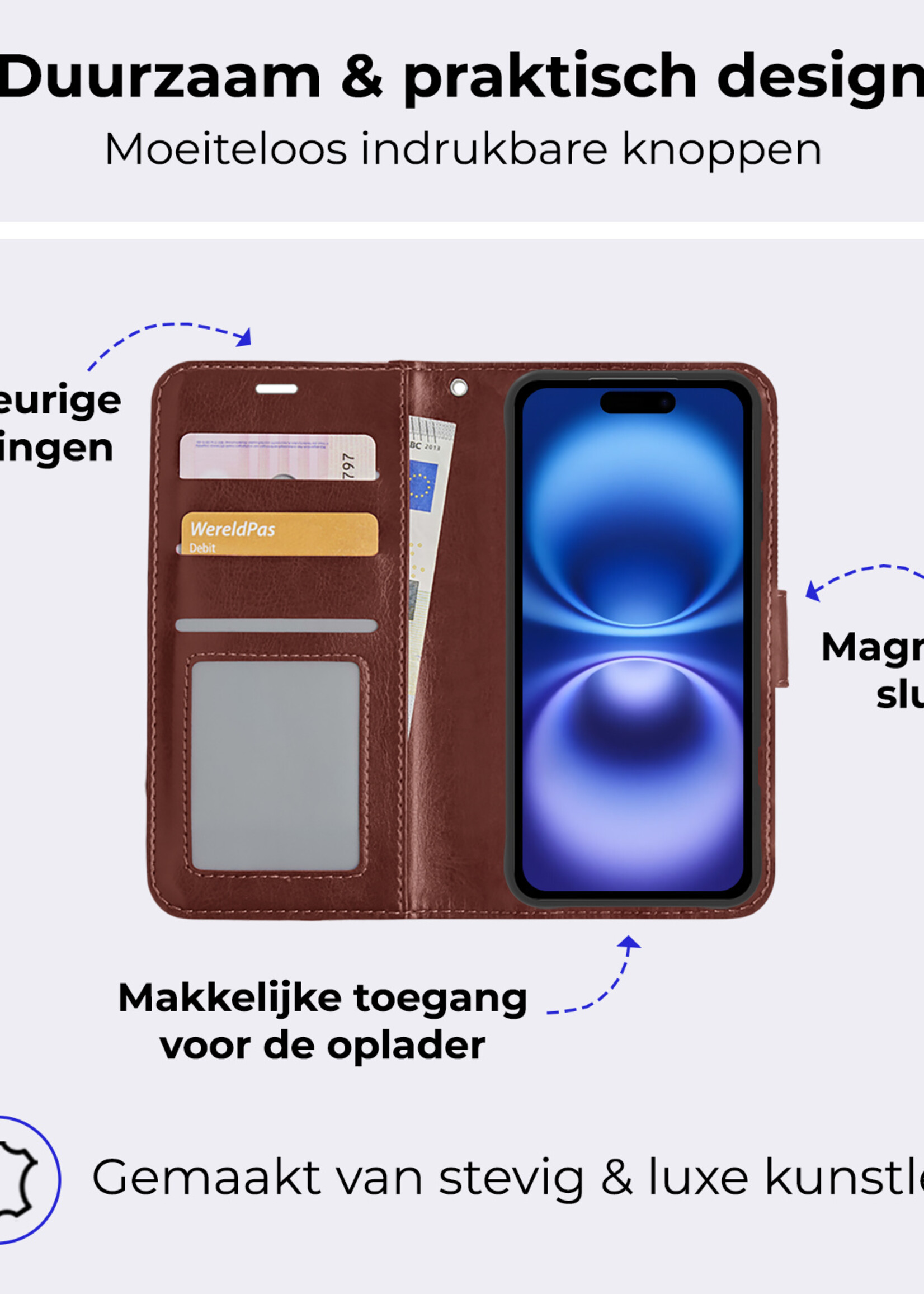 BTH Hoesje Geschikt voor iPhone 16 Plus Hoesje Book Case Hoes Portemonnee Cover Walletcase Met Screenprotector - Hoes Geschikt voor iPhone 16 Plus Hoes Bookcase Hoesje - Bruin