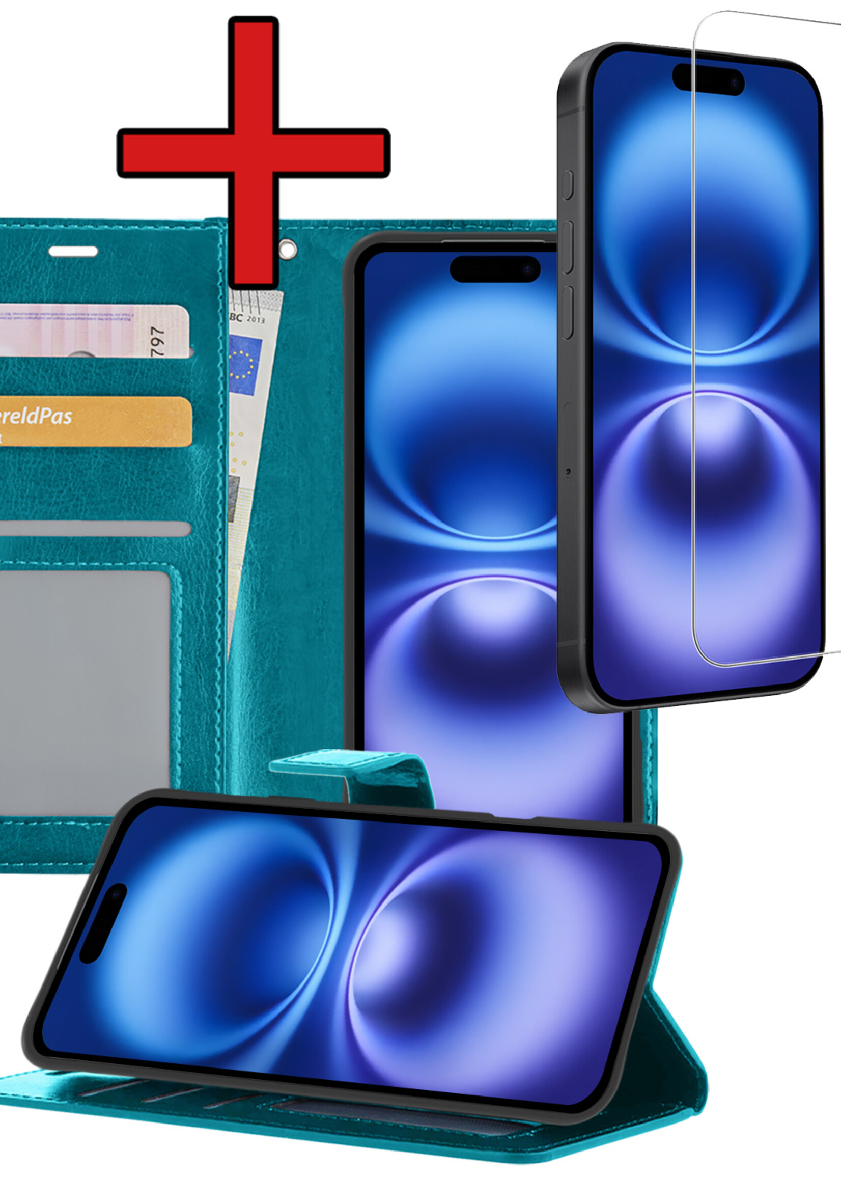 BTH Hoesje Geschikt voor iPhone 16 Plus Hoesje Book Case Hoes Portemonnee Cover Walletcase Met Screenprotector - Hoes Geschikt voor iPhone 16 Plus Hoes Bookcase Hoesje - Turquoise
