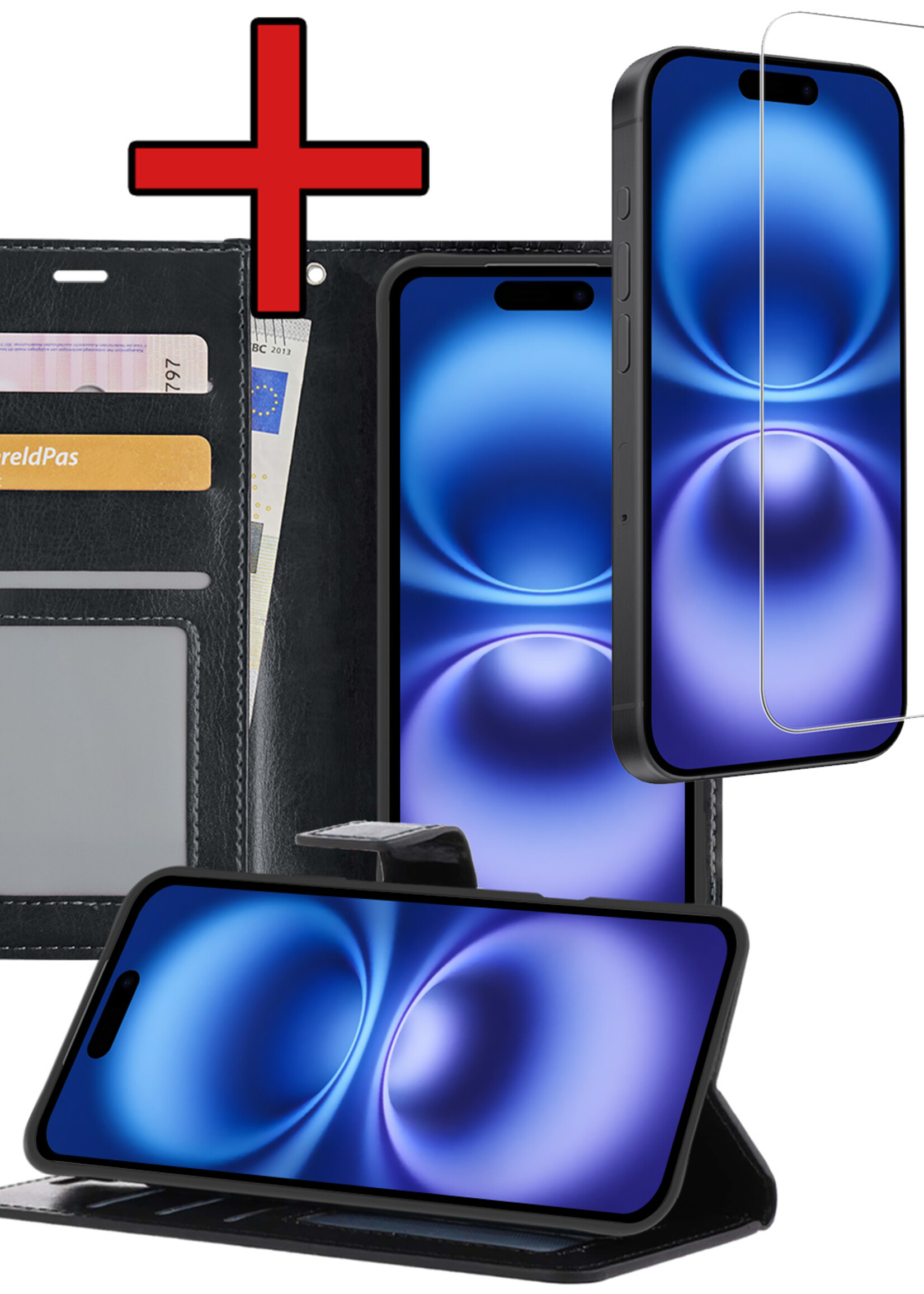 BTH Hoesje Geschikt voor iPhone 16 Plus Hoesje Book Case Hoes Portemonnee Cover Walletcase Met Screenprotector - Hoes Geschikt voor iPhone 16 Plus Hoes Bookcase Hoesje - Zwart