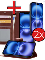 BTH BTH iPhone 16 Plus Hoesje Bookcase Met 2x Screenprotector - Bruin