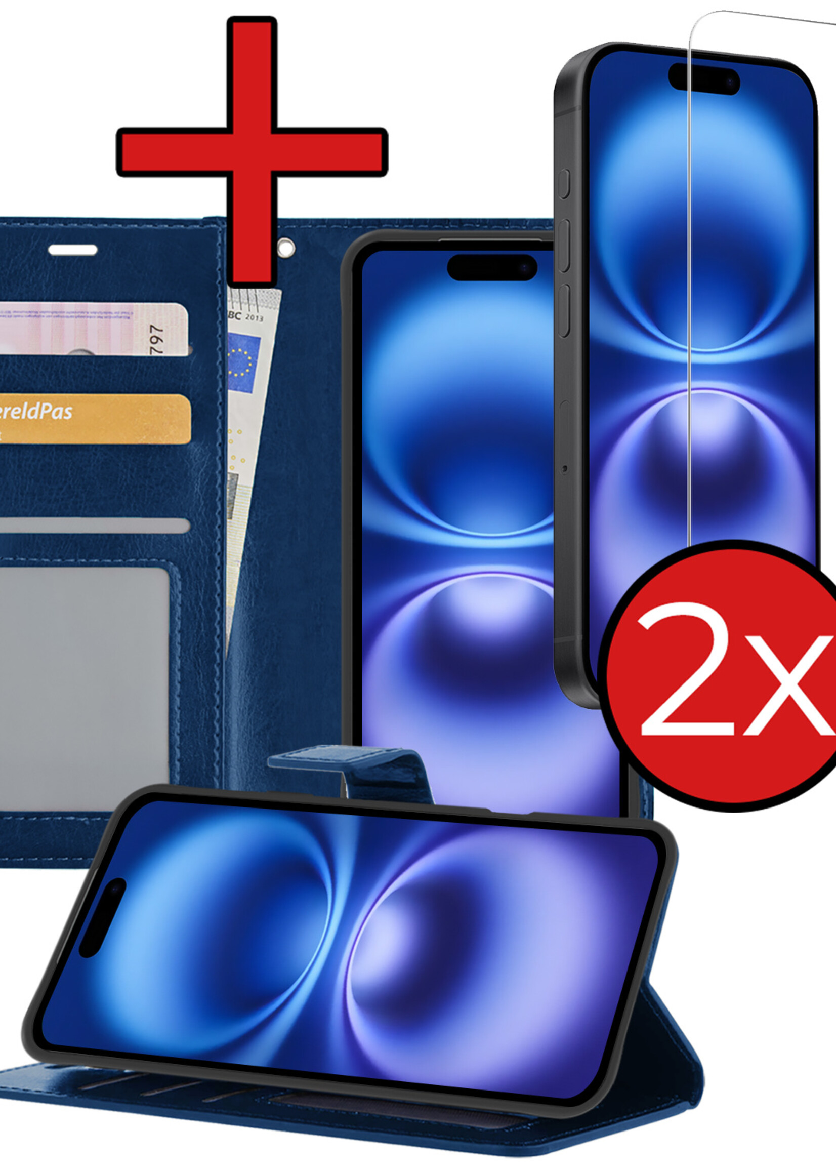 BTH Hoesje Geschikt voor iPhone 16 Plus Hoesje Book Case Hoes Portemonnee Cover Walletcase Met 2x Screenprotector - Hoes Geschikt voor iPhone 16 Plus Hoes Bookcase Hoesje - Donkerblauw