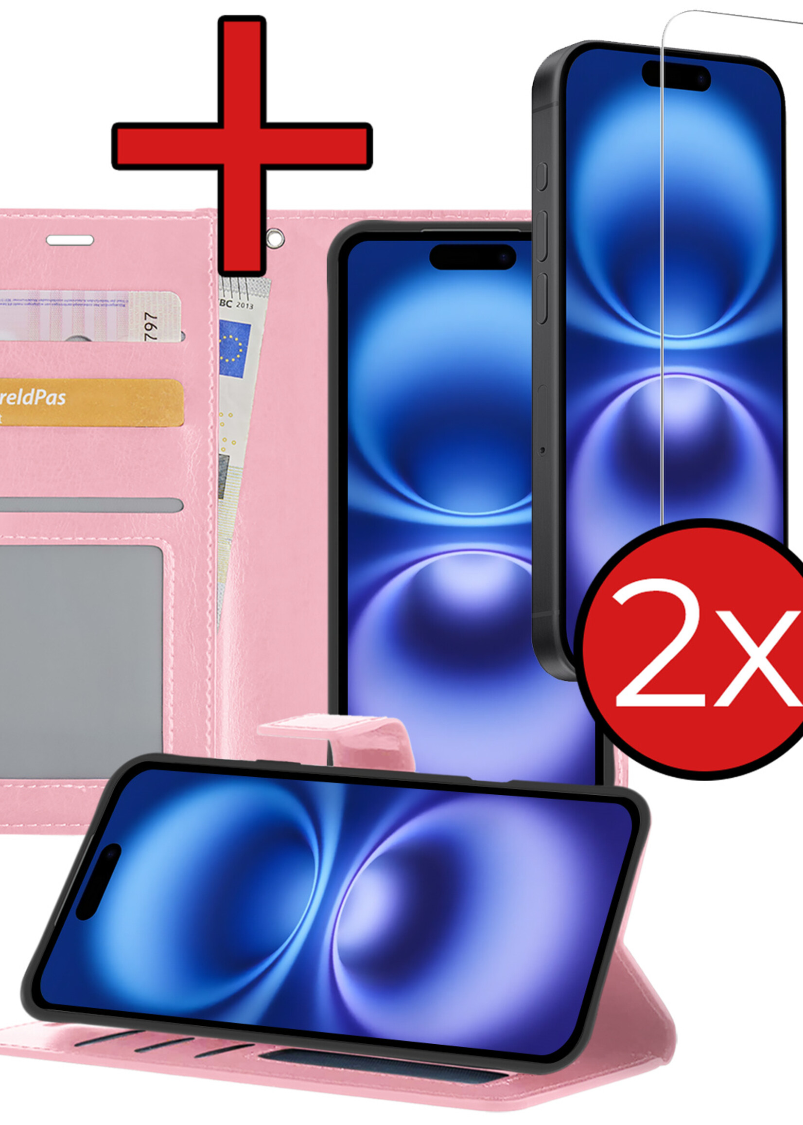 BTH Hoesje Geschikt voor iPhone 16 Plus Hoesje Book Case Hoes Portemonnee Cover Walletcase Met 2x Screenprotector - Hoes Geschikt voor iPhone 16 Plus Hoes Bookcase Hoesje - Lichtroze
