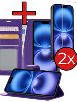 BTH BTH iPhone 16 Plus Hoesje Bookcase Met 2x Screenprotector - Paars