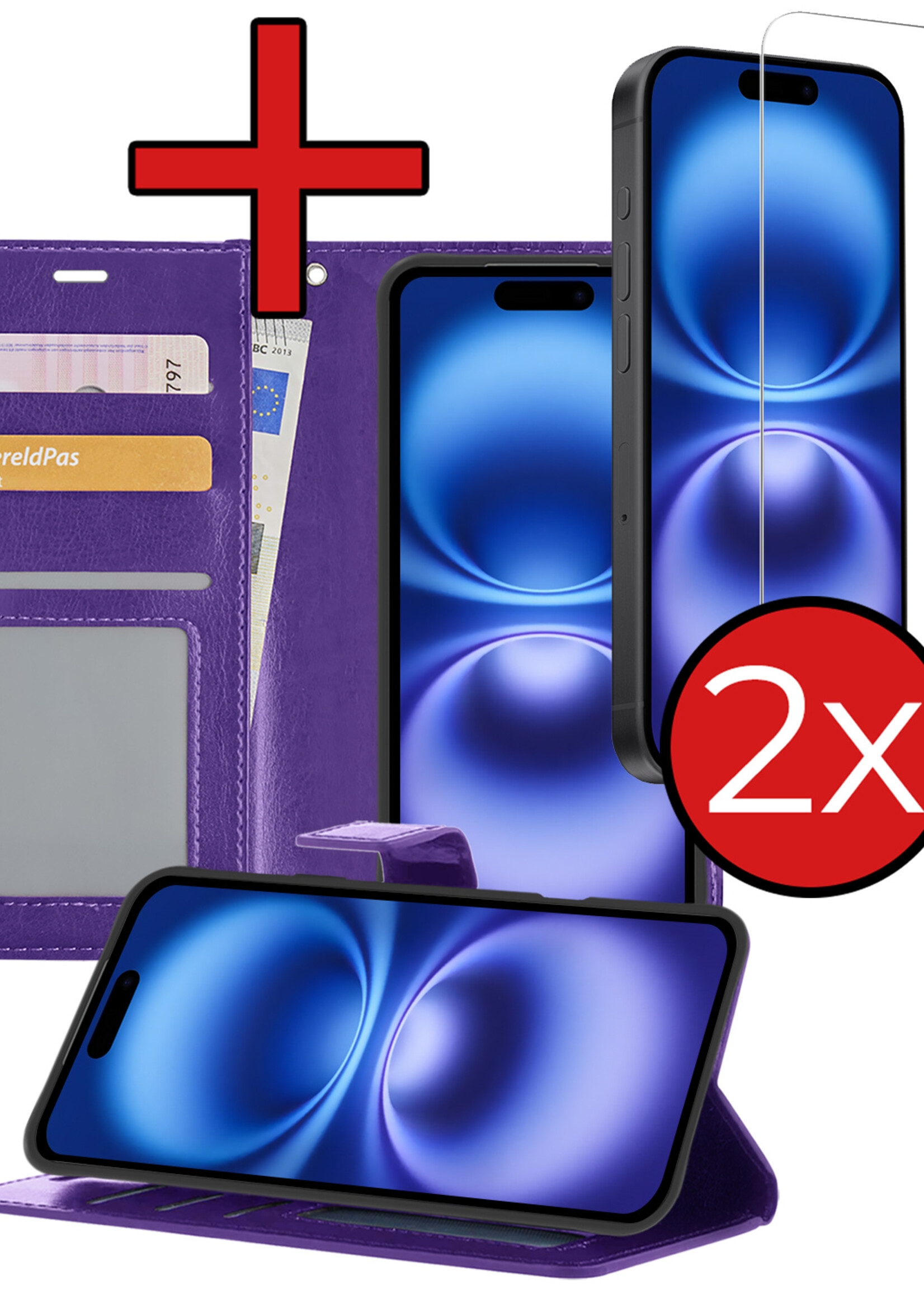 BTH Hoesje Geschikt voor iPhone 16 Plus Hoesje Book Case Hoes Portemonnee Cover Walletcase Met 2x Screenprotector - Hoes Geschikt voor iPhone 16 Plus Hoes Bookcase Hoesje - Paars