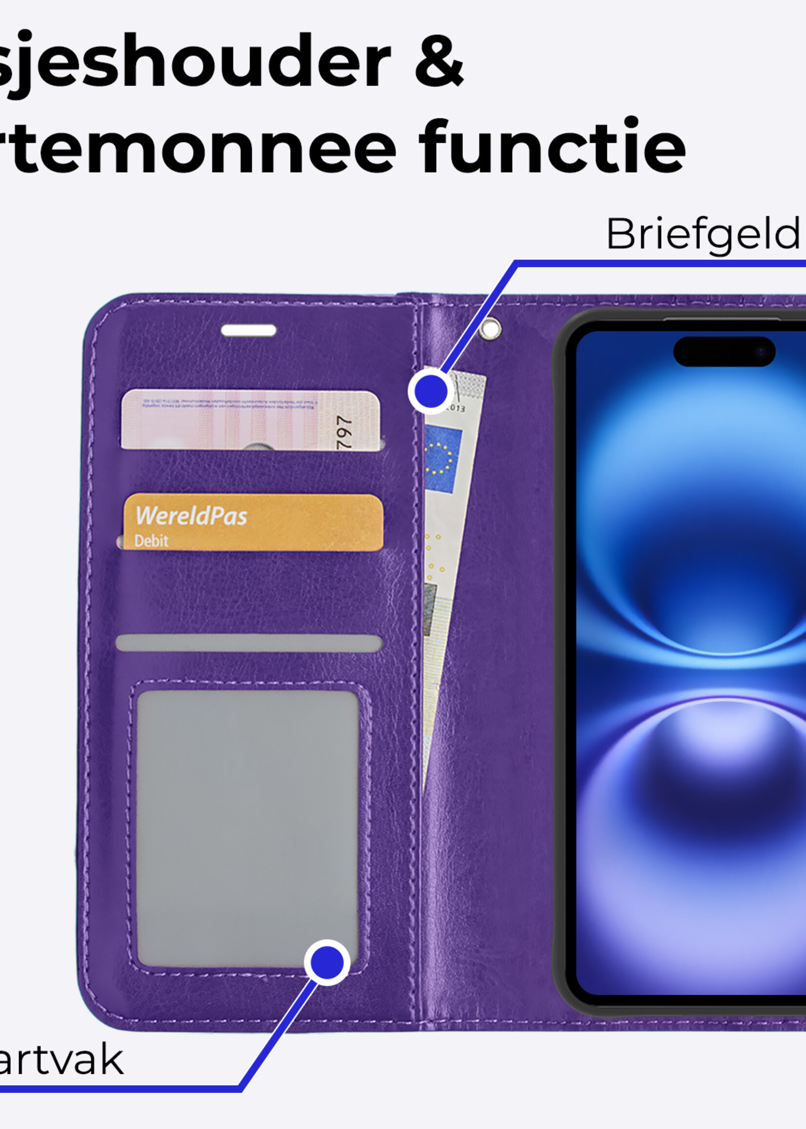 BTH Hoesje Geschikt voor iPhone 16 Plus Hoesje Book Case Hoes Portemonnee Cover Walletcase Met 2x Screenprotector - Hoes Geschikt voor iPhone 16 Plus Hoes Bookcase Hoesje - Paars