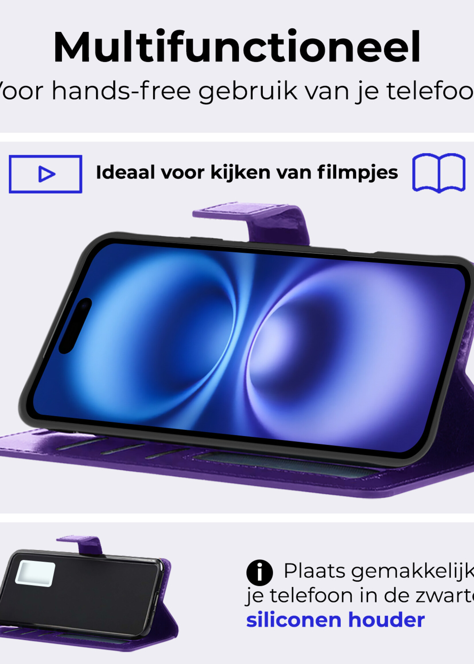 BTH Hoesje Geschikt voor iPhone 16 Plus Hoesje Book Case Hoes Portemonnee Cover Walletcase Met 2x Screenprotector - Hoes Geschikt voor iPhone 16 Plus Hoes Bookcase Hoesje - Paars