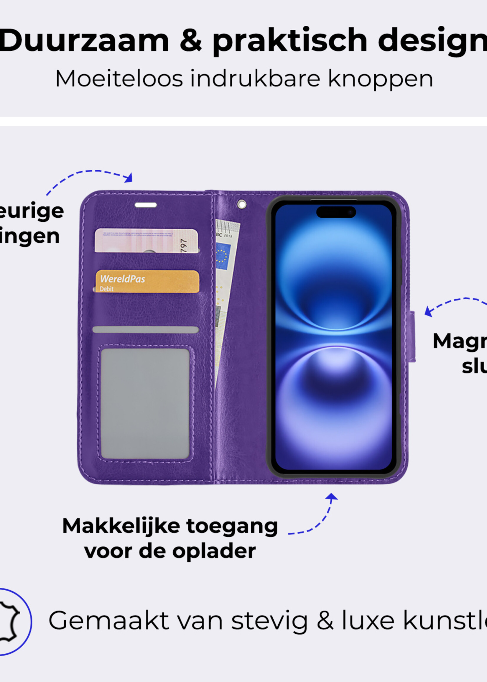 BTH Hoesje Geschikt voor iPhone 16 Plus Hoesje Book Case Hoes Portemonnee Cover Walletcase Met 2x Screenprotector - Hoes Geschikt voor iPhone 16 Plus Hoes Bookcase Hoesje - Paars