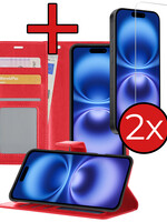 BTH BTH iPhone 16 Plus Hoesje Bookcase Met 2x Screenprotector - Rood