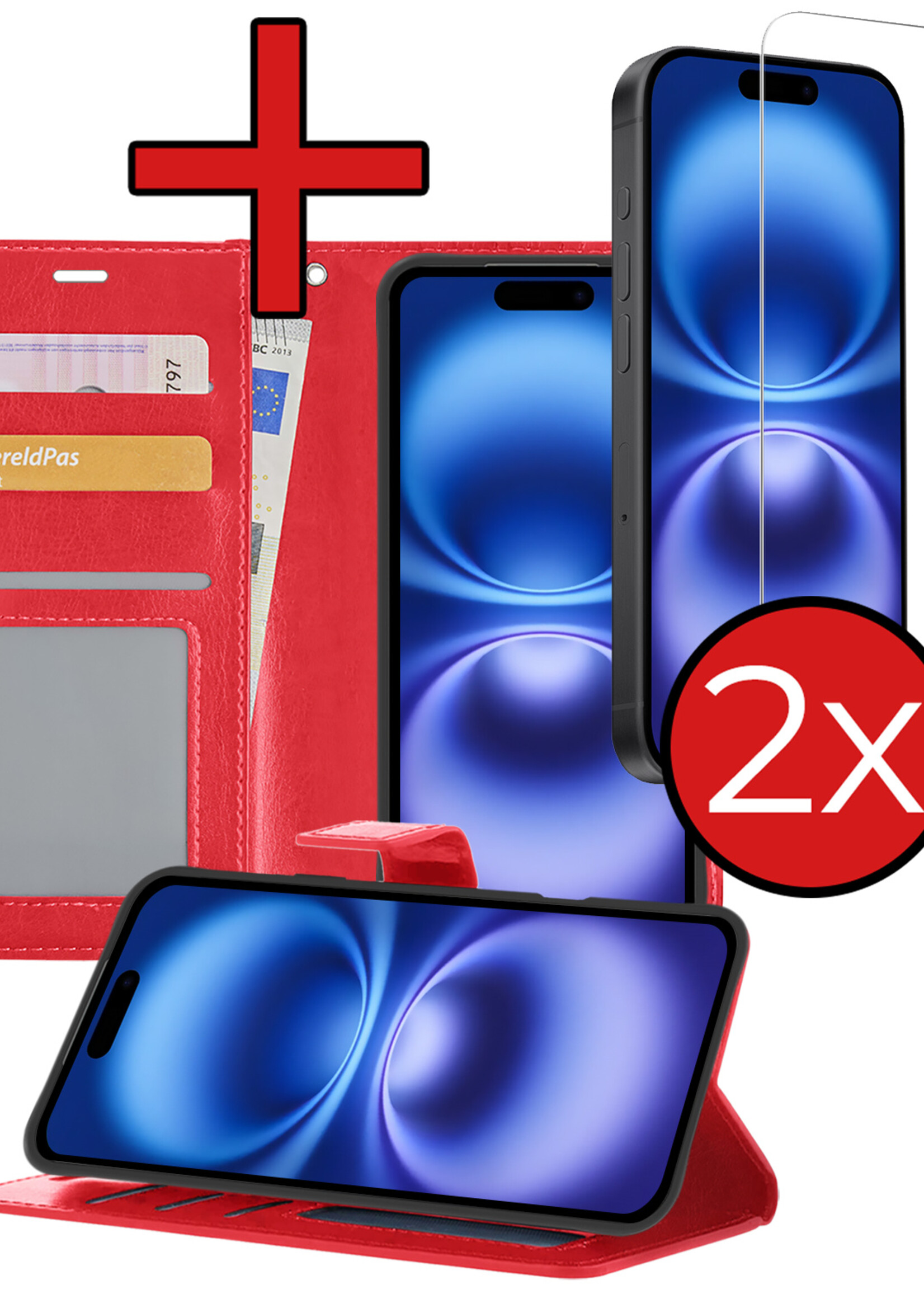 BTH Hoesje Geschikt voor iPhone 16 Plus Hoesje Book Case Hoes Portemonnee Cover Walletcase Met 2x Screenprotector - Hoes Geschikt voor iPhone 16 Plus Hoes Bookcase Hoesje - Rood
