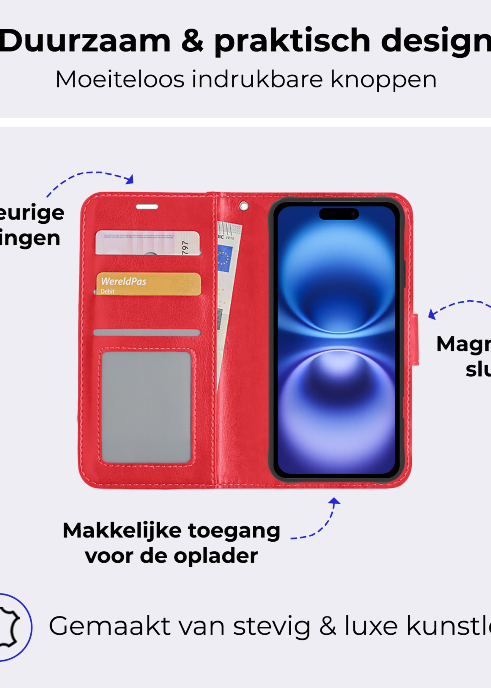 BTH Hoesje Geschikt voor iPhone 16 Plus Hoesje Book Case Hoes Portemonnee Cover Walletcase Met 2x Screenprotector - Hoes Geschikt voor iPhone 16 Plus Hoes Bookcase Hoesje - Rood