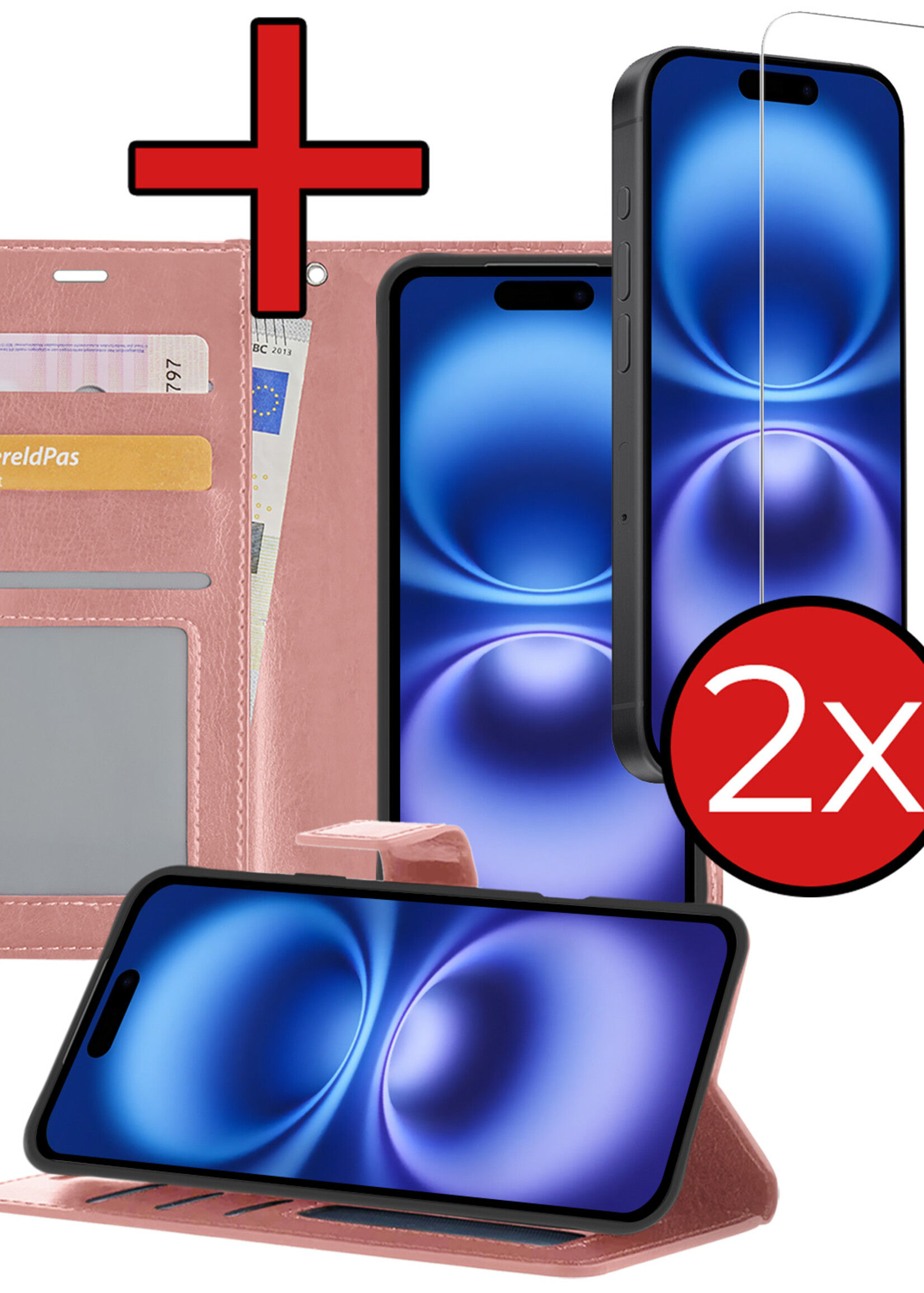 BTH Hoesje Geschikt voor iPhone 16 Plus Hoesje Book Case Hoes Portemonnee Cover Walletcase Met 2x Screenprotector - Hoes Geschikt voor iPhone 16 Plus Hoes Bookcase Hoesje - Rosé goud