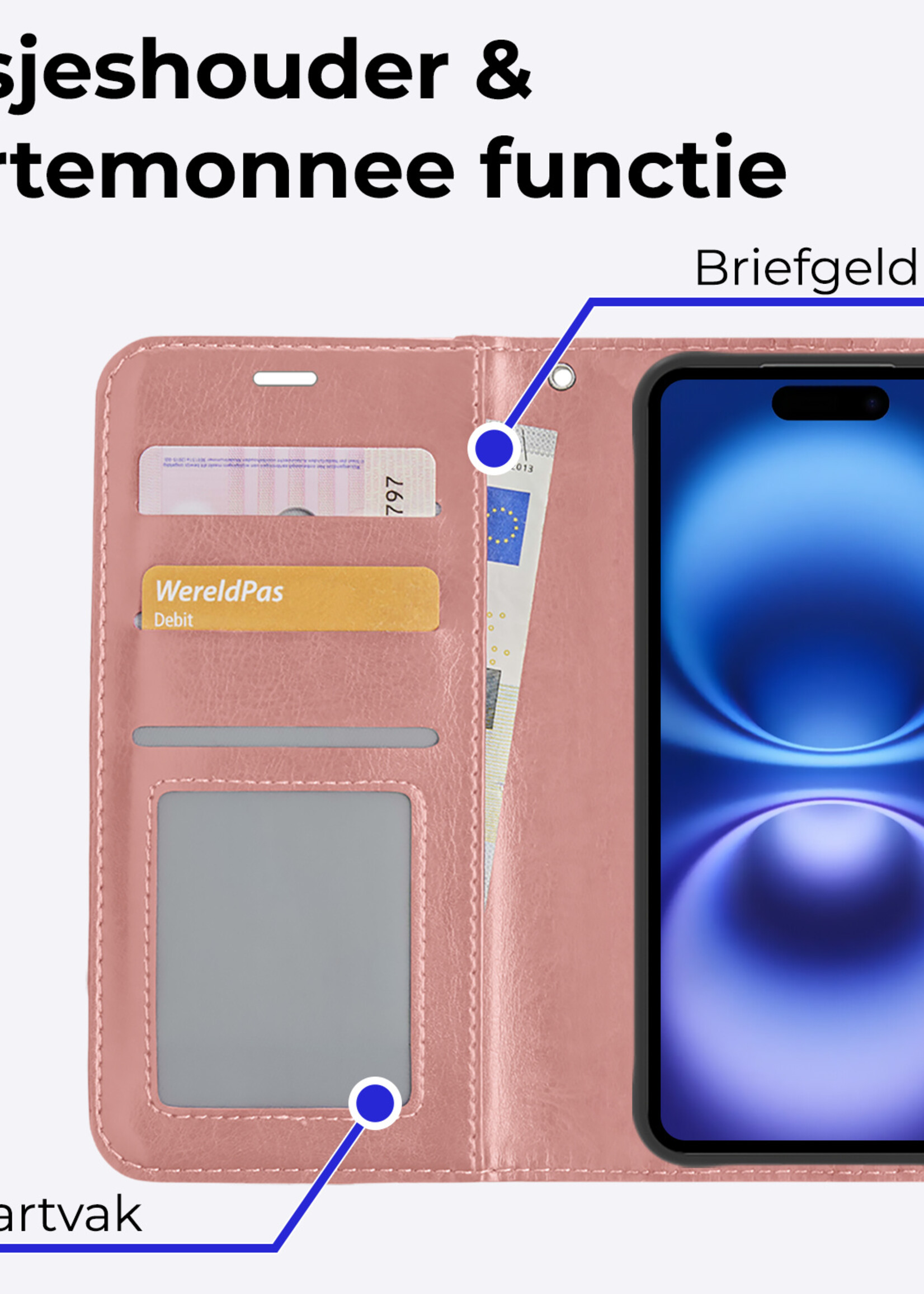 BTH Hoesje Geschikt voor iPhone 16 Plus Hoesje Book Case Hoes Portemonnee Cover Walletcase Met 2x Screenprotector - Hoes Geschikt voor iPhone 16 Plus Hoes Bookcase Hoesje - Rosé goud