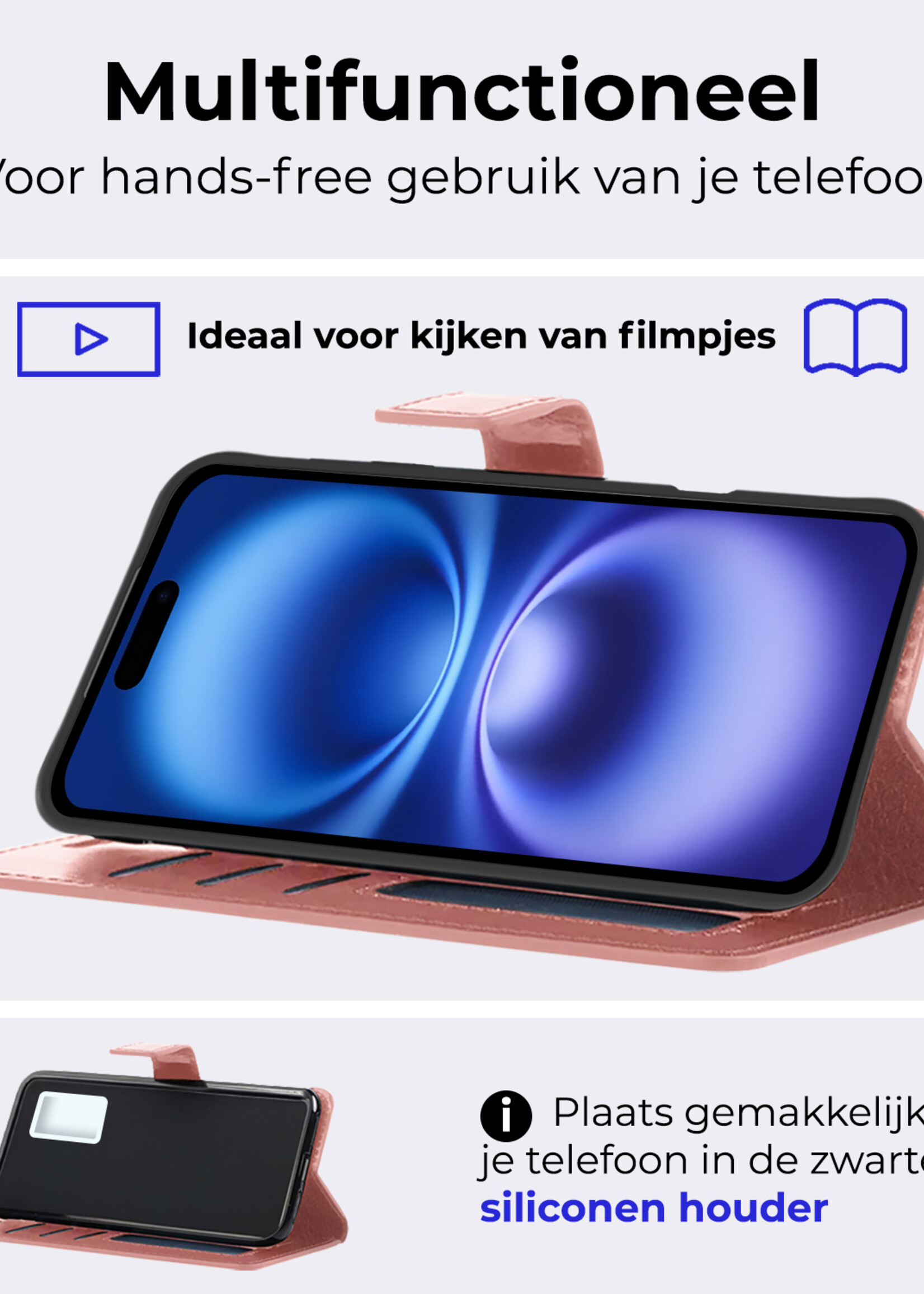 BTH Hoesje Geschikt voor iPhone 16 Plus Hoesje Book Case Hoes Portemonnee Cover Walletcase Met 2x Screenprotector - Hoes Geschikt voor iPhone 16 Plus Hoes Bookcase Hoesje - Rosé goud