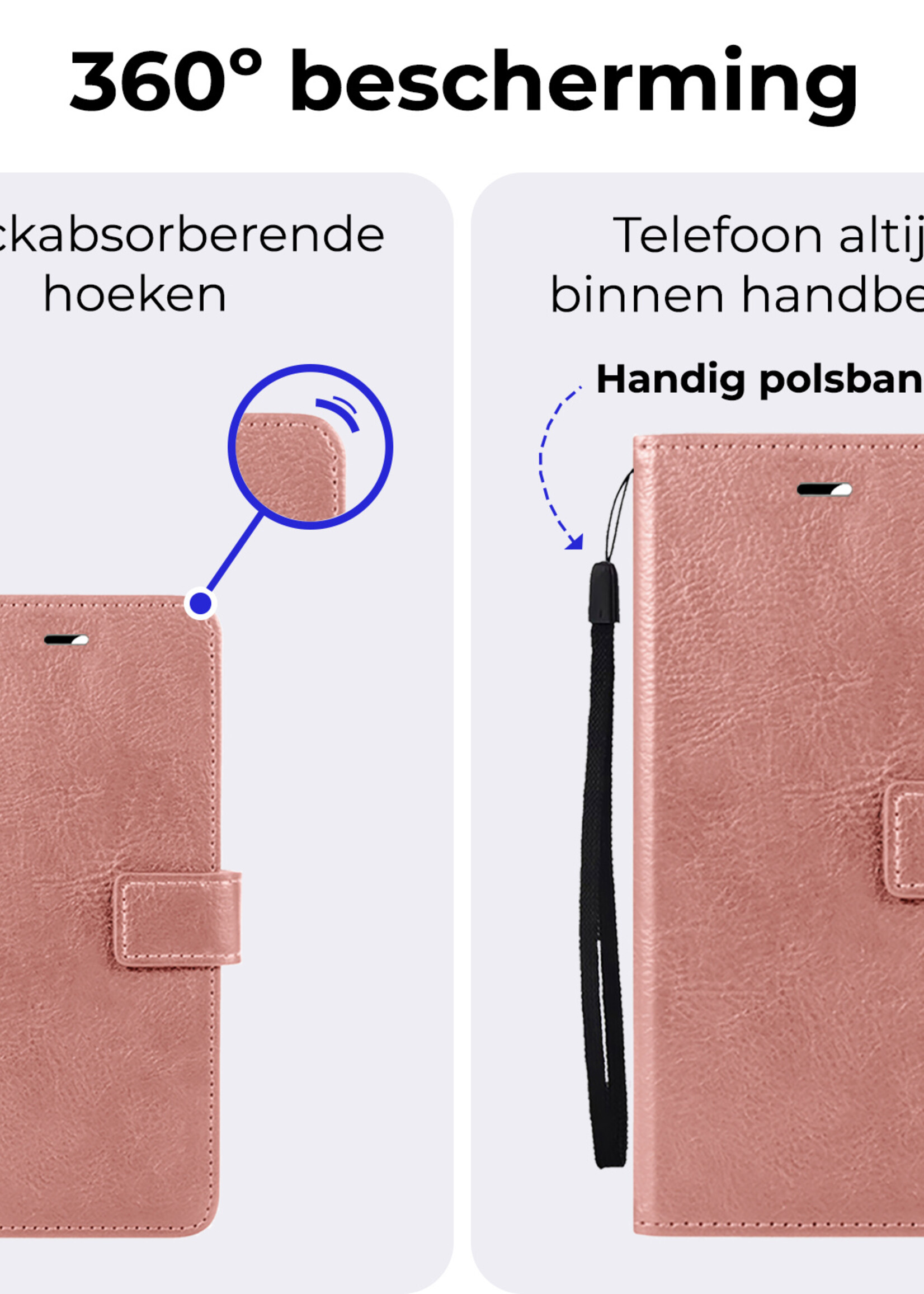 BTH Hoesje Geschikt voor iPhone 16 Plus Hoesje Book Case Hoes Portemonnee Cover Walletcase Met 2x Screenprotector - Hoes Geschikt voor iPhone 16 Plus Hoes Bookcase Hoesje - Rosé goud