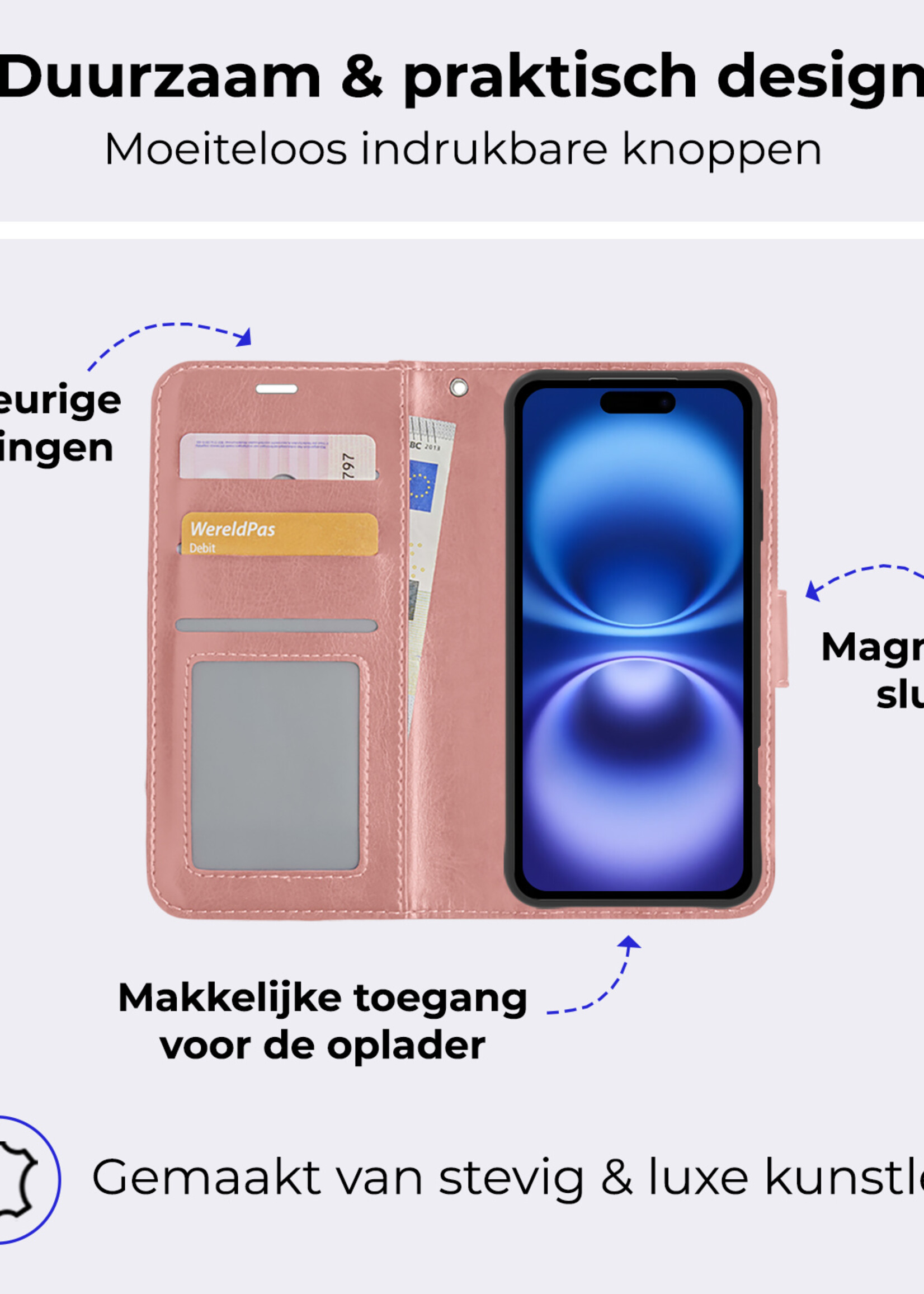BTH Hoesje Geschikt voor iPhone 16 Plus Hoesje Book Case Hoes Portemonnee Cover Walletcase Met 2x Screenprotector - Hoes Geschikt voor iPhone 16 Plus Hoes Bookcase Hoesje - Rosé goud
