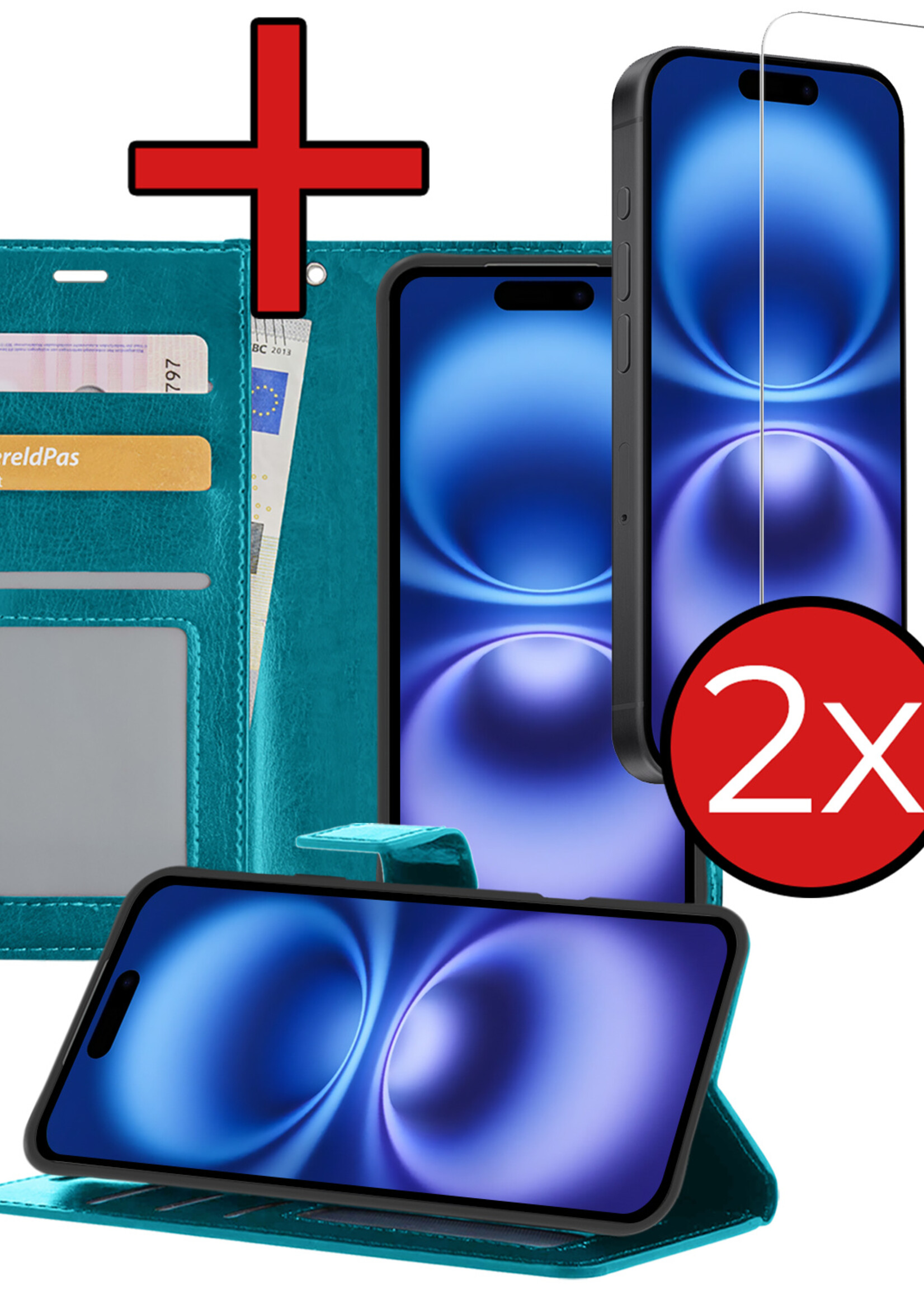BTH Hoesje Geschikt voor iPhone 16 Plus Hoesje Book Case Hoes Portemonnee Cover Walletcase Met 2x Screenprotector - Hoes Geschikt voor iPhone 16 Plus Hoes Bookcase Hoesje - Turquoise