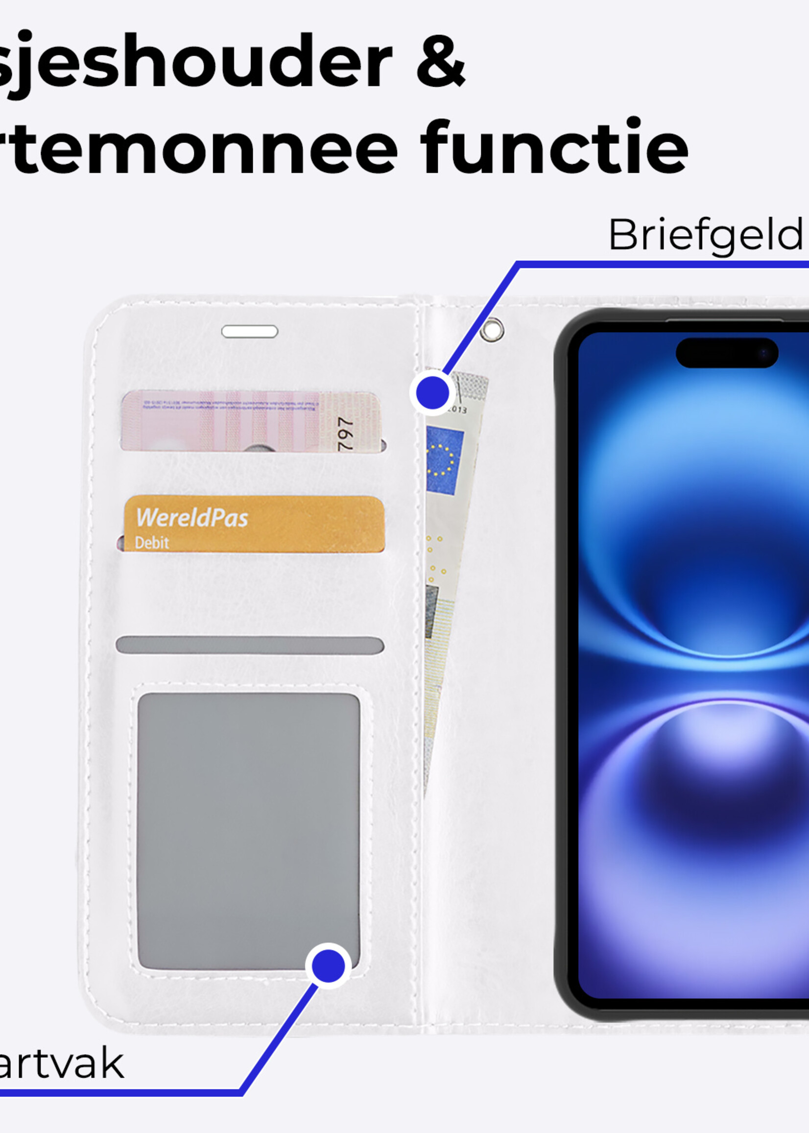 BTH Hoesje Geschikt voor iPhone 16 Plus Hoesje Book Case Hoes Portemonnee Cover Walletcase Met 2x Screenprotector - Hoes Geschikt voor iPhone 16 Plus Hoes Bookcase Hoesje - Wit