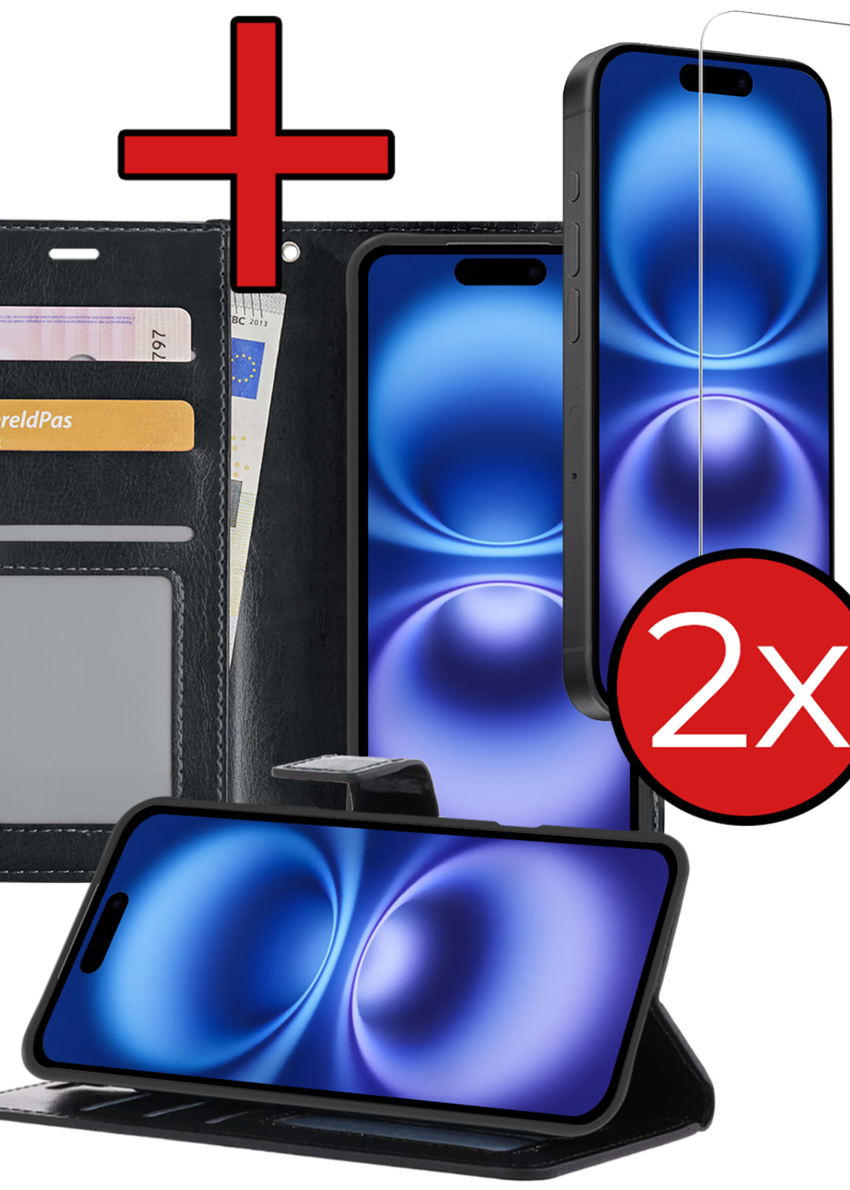 BTH Hoesje Geschikt voor iPhone 16 Plus Hoesje Book Case Hoes Portemonnee Cover Walletcase Met 2x Screenprotector - Hoes Geschikt voor iPhone 16 Plus Hoes Bookcase Hoesje - Zwart