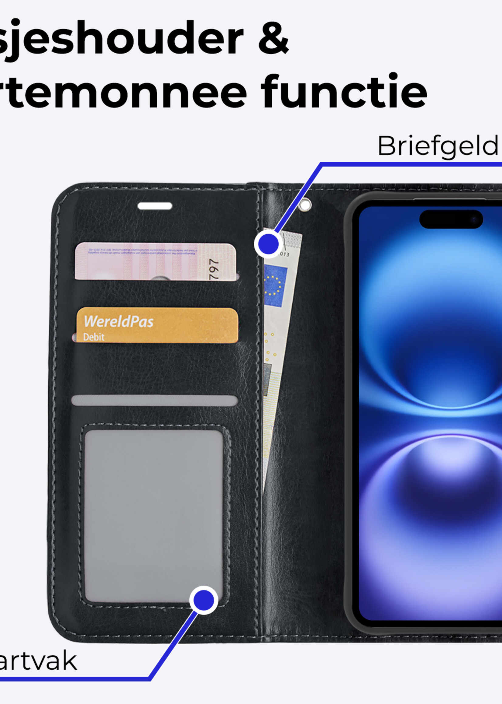 BTH Hoesje Geschikt voor iPhone 16 Plus Hoesje Book Case Hoes Portemonnee Cover Walletcase Met 2x Screenprotector - Hoes Geschikt voor iPhone 16 Plus Hoes Bookcase Hoesje - Zwart