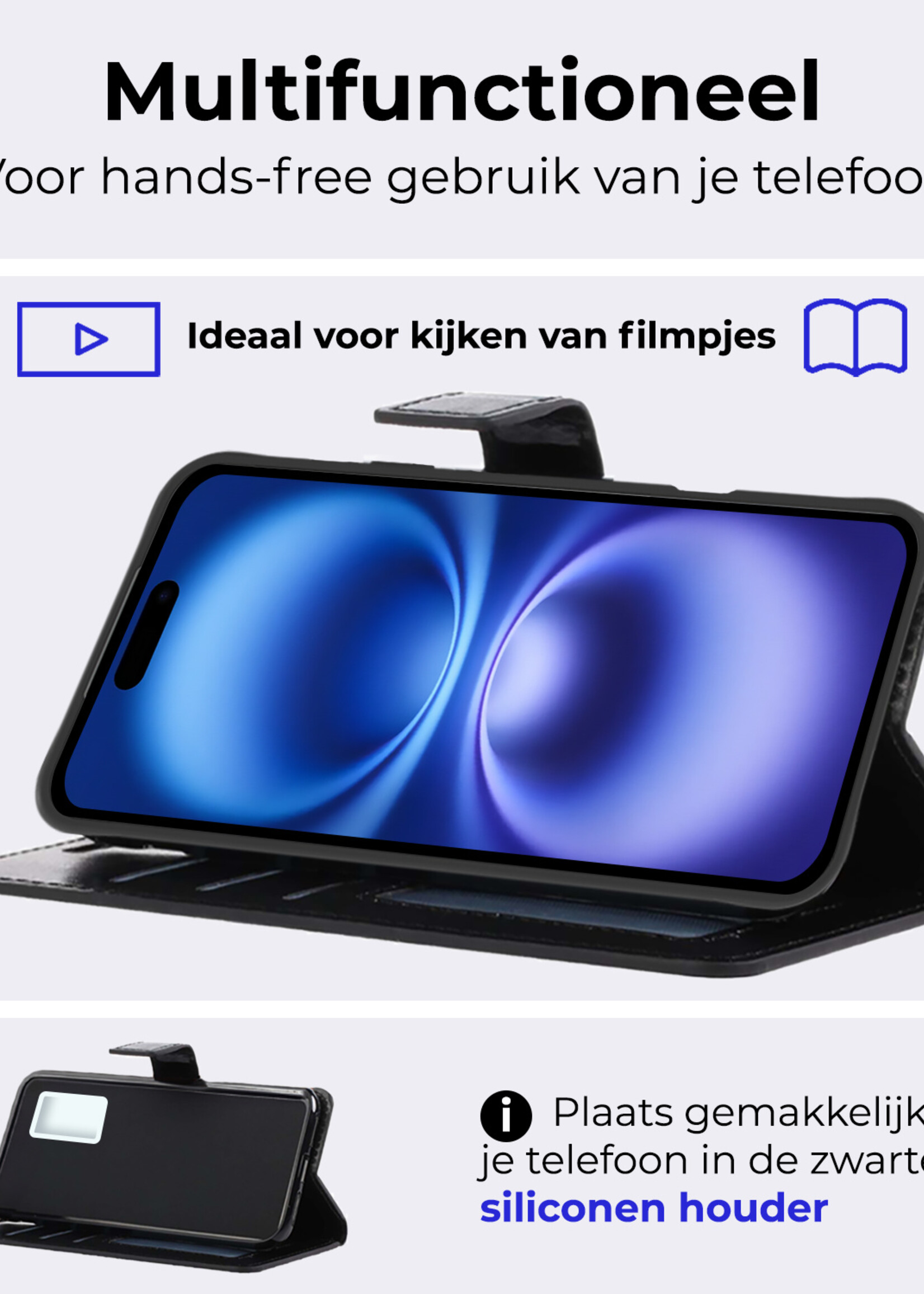 BTH Hoesje Geschikt voor iPhone 16 Plus Hoesje Book Case Hoes Portemonnee Cover Walletcase Met 2x Screenprotector - Hoes Geschikt voor iPhone 16 Plus Hoes Bookcase Hoesje - Zwart