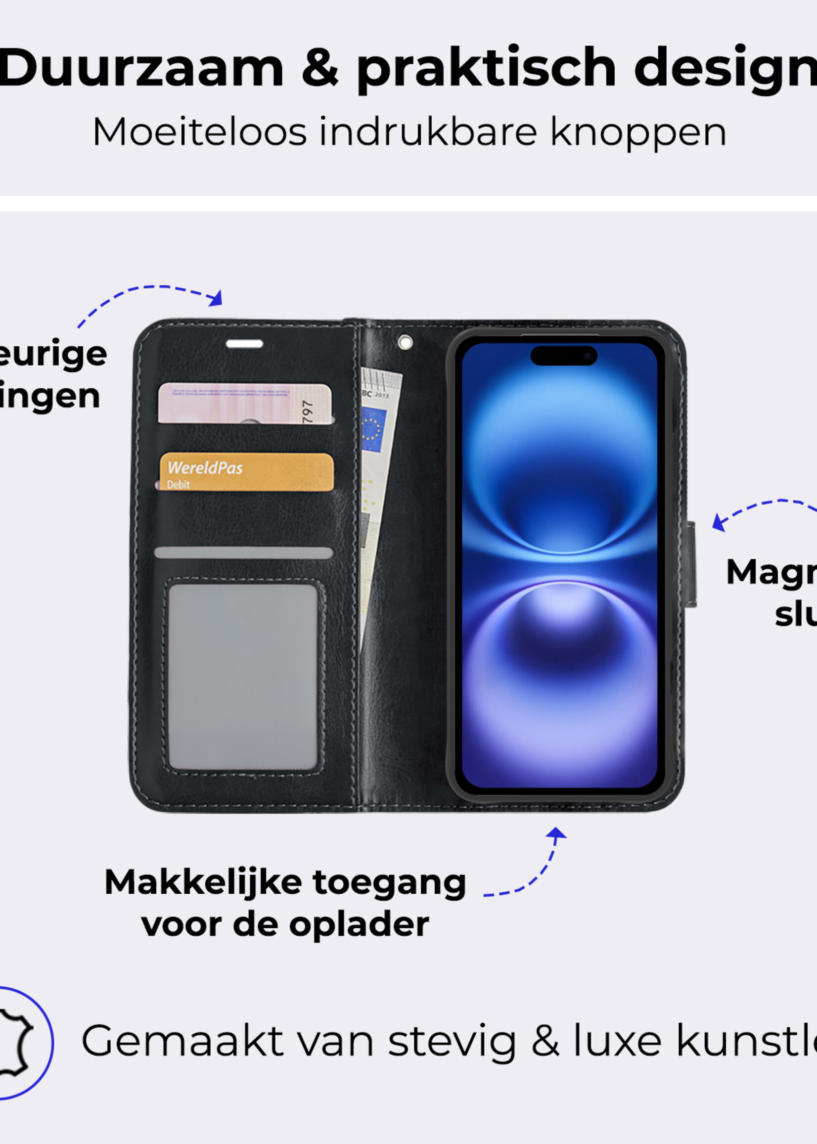 BTH Hoesje Geschikt voor iPhone 16 Plus Hoesje Book Case Hoes Portemonnee Cover Walletcase Met 2x Screenprotector - Hoes Geschikt voor iPhone 16 Plus Hoes Bookcase Hoesje - Zwart