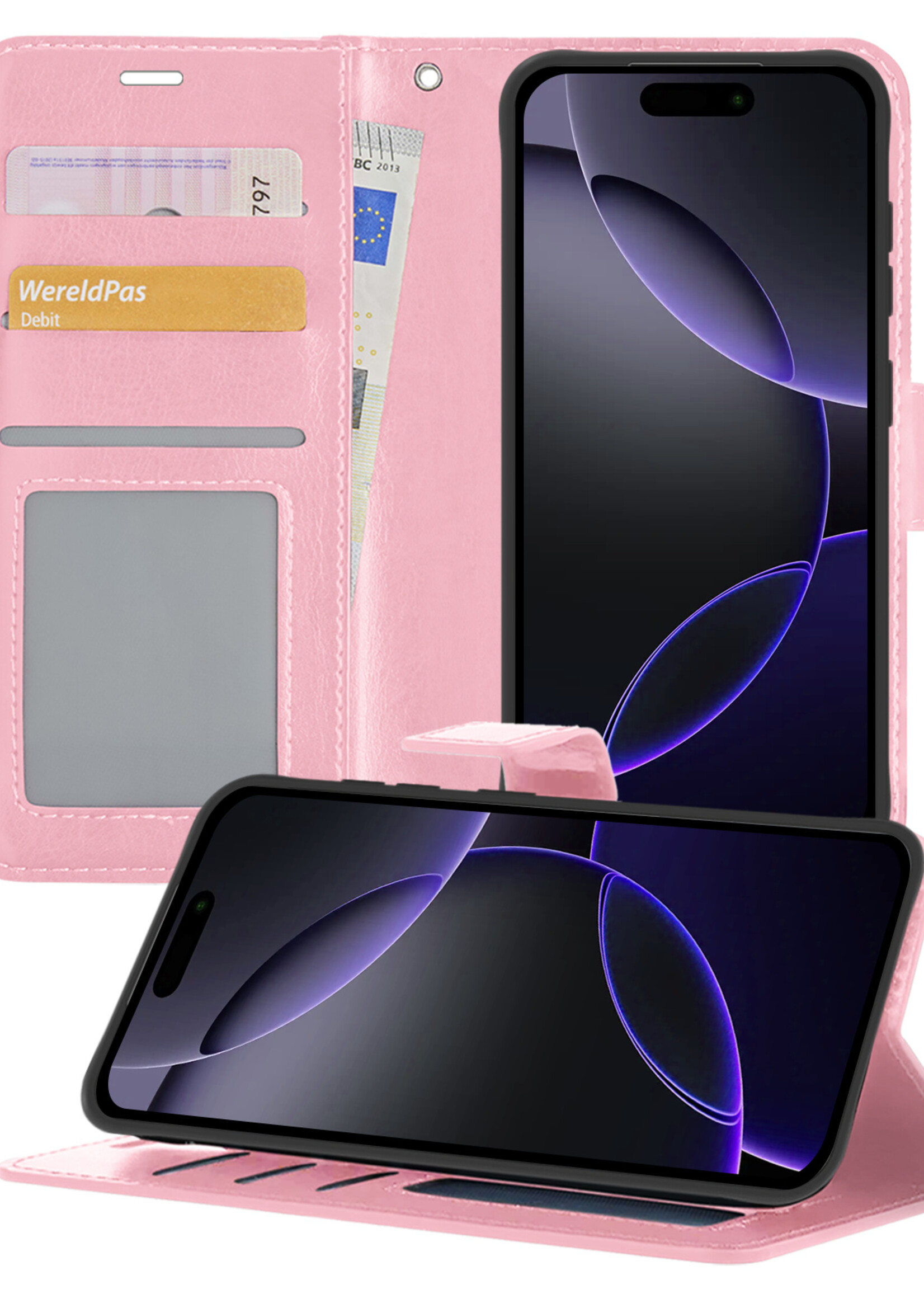 BTH Hoesje Geschikt voor iPhone 16 Pro Hoesje Book Case Hoes Portemonnee Cover Walletcase - Hoes Geschikt voor iPhone 16 Pro Hoes Bookcase Hoesje - Lichtroze